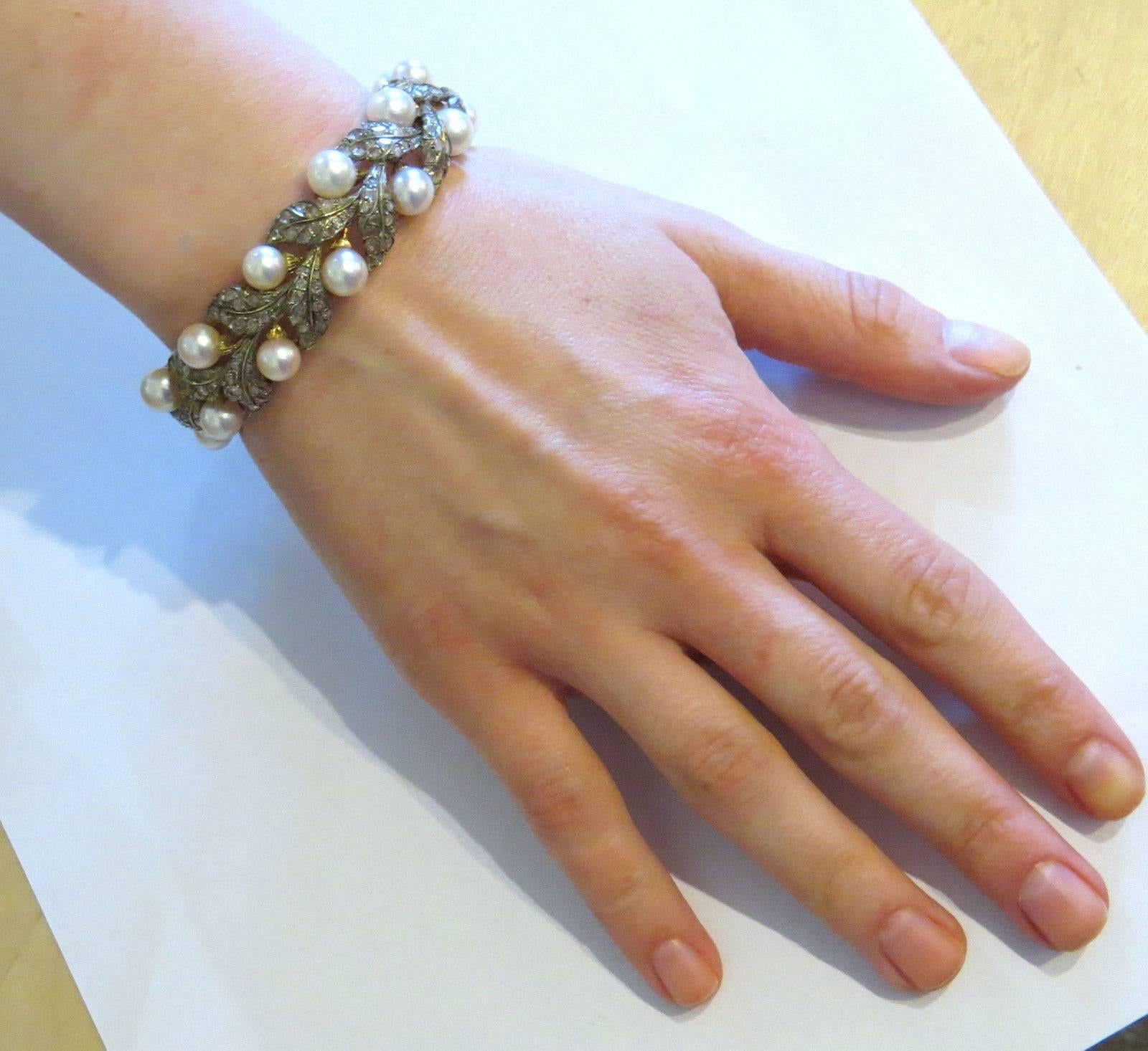 Women's Buccellati Gold Silver Rose Cut Diamond Pearl Leaf Motif Cuff Bracelet For Sale