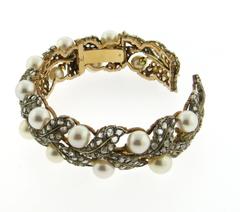 Buccellati Gold Silver Rose Cut Diamond Pearl Leaf Motif Cuff Bracelet