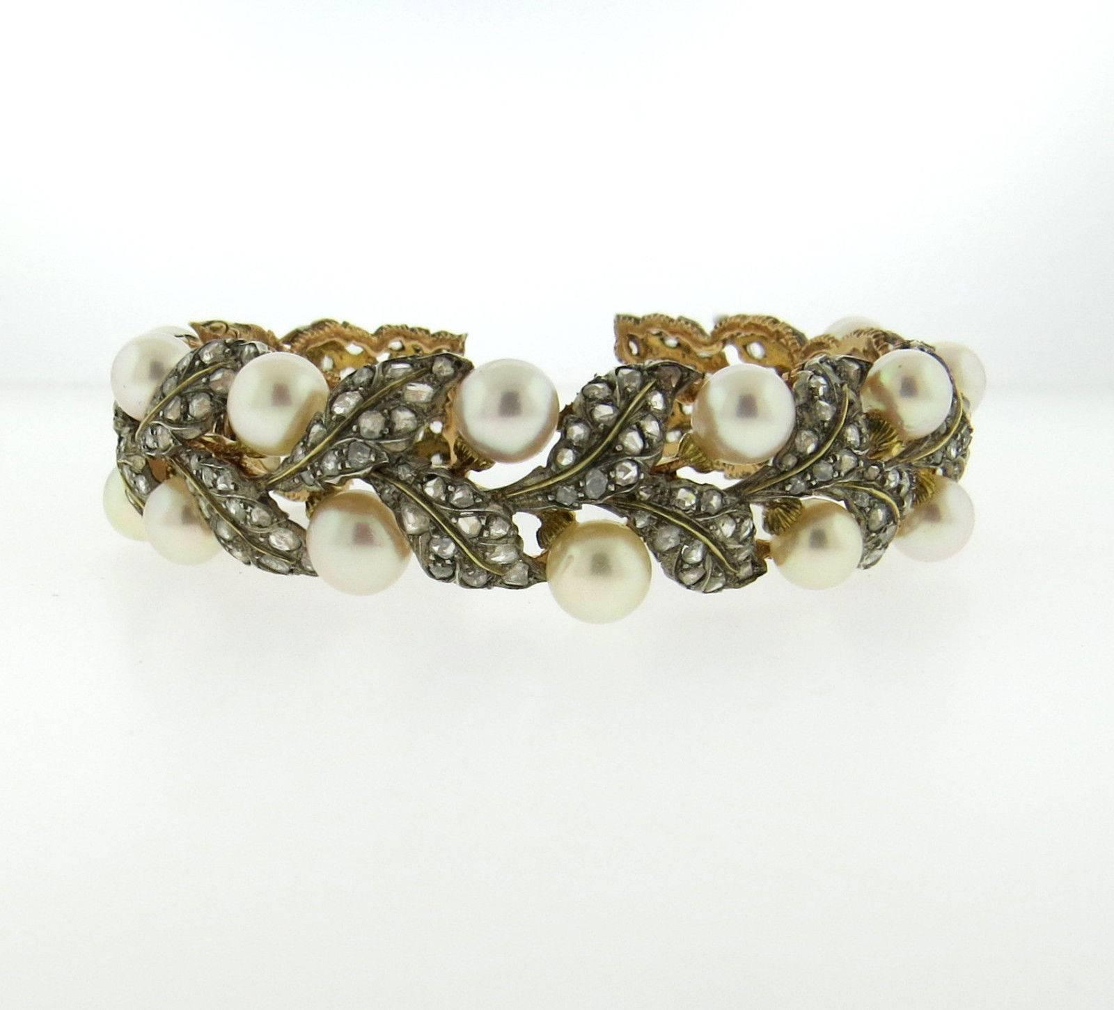 Buccellati Gold Silver Rose Cut Diamond Pearl Leaf Motif Cuff Bracelet For Sale 1