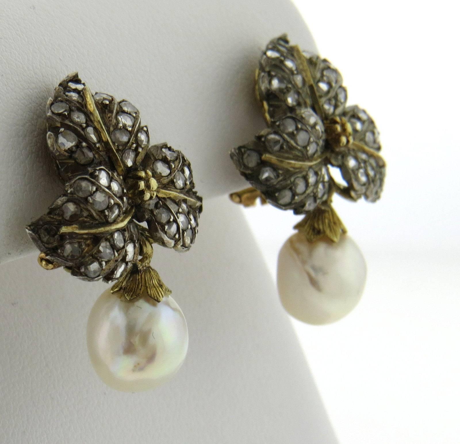 Buccellati Gold Silver Rose Cut Diamond Pearl Leaf Motif Earrings In Excellent Condition In Lambertville, NJ