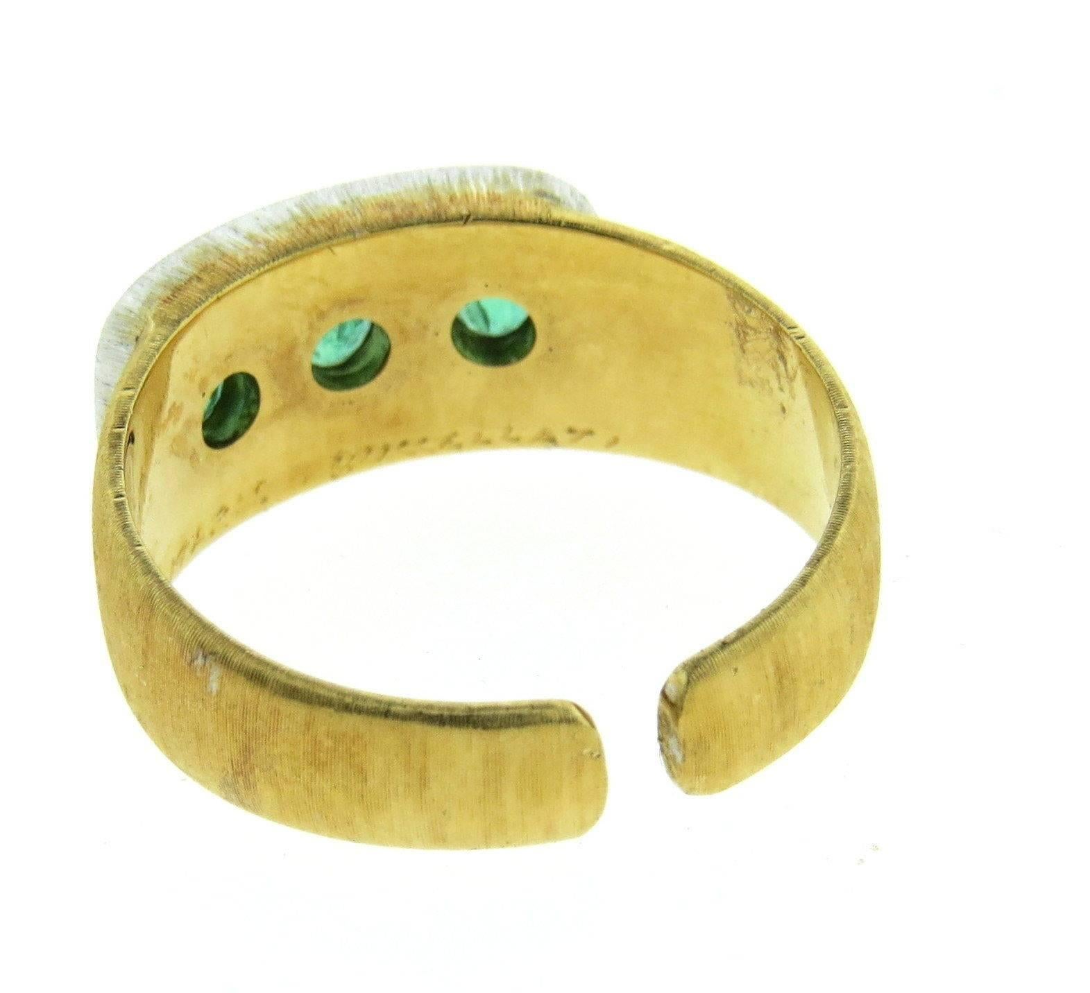 Buccellati Emerald Two Color Gold Ring In Excellent Condition In Lambertville, NJ