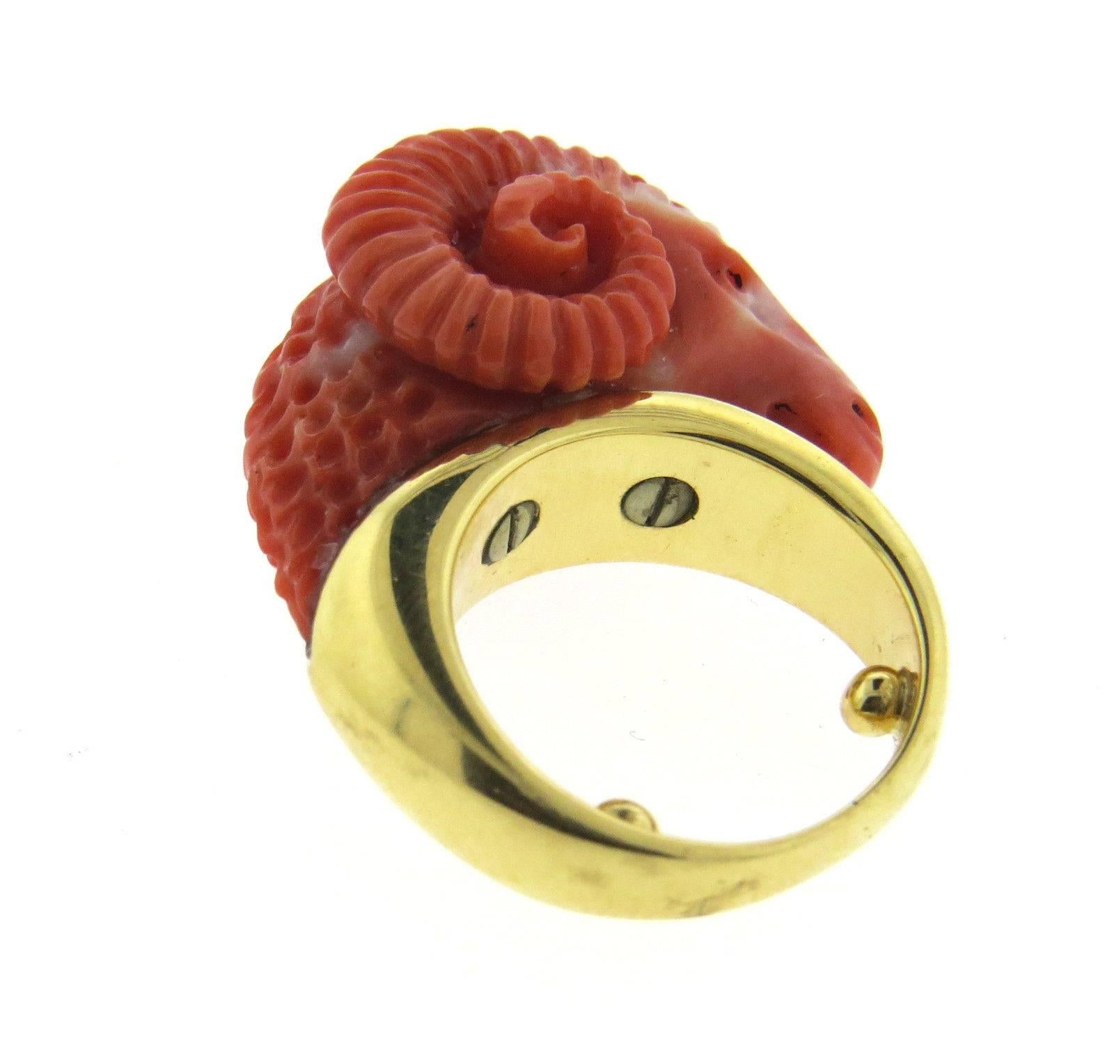 Women's Carved Coral Ram's Head Gold Ring