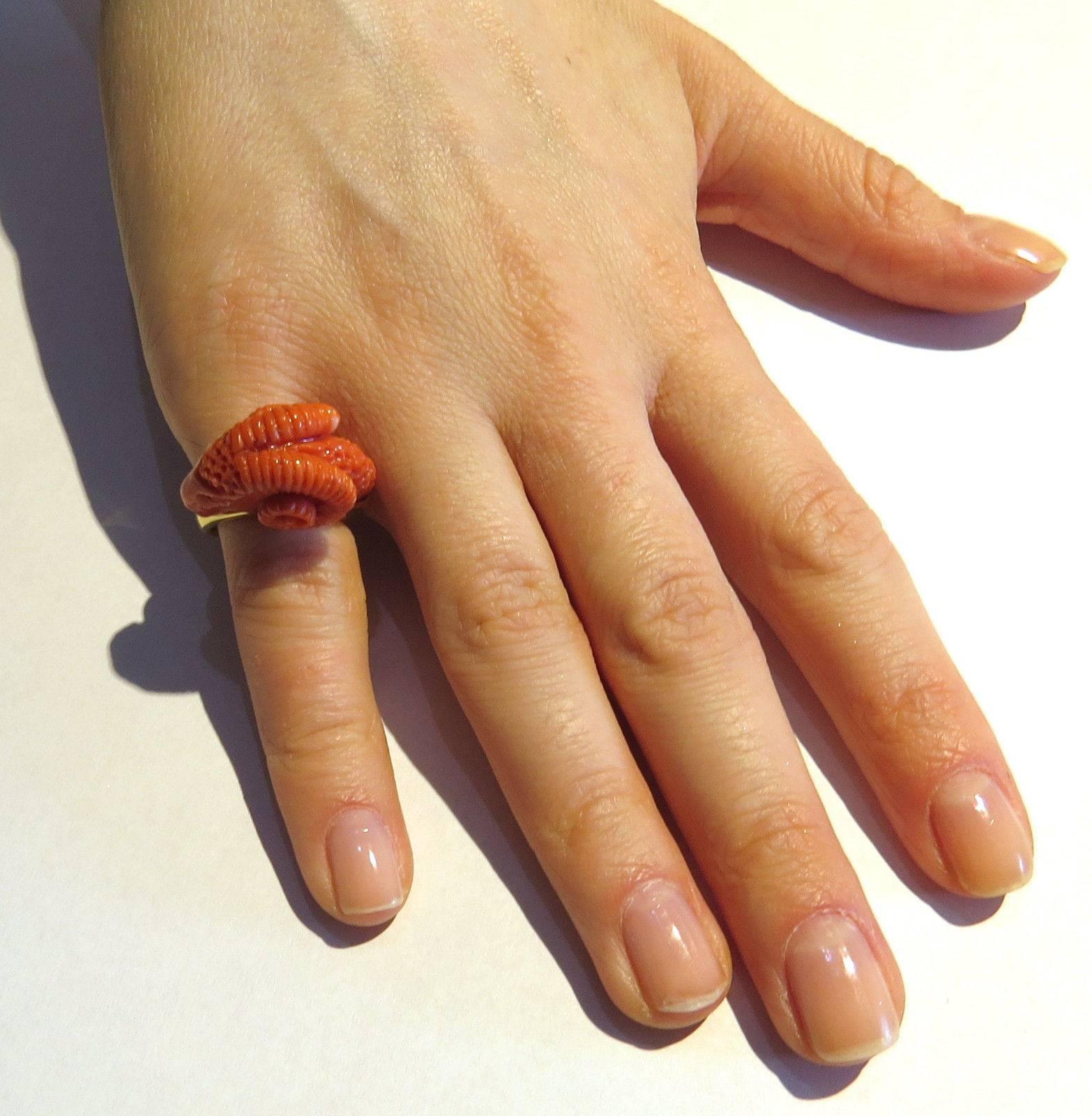 Carved Coral Ram's Head Gold Ring 1