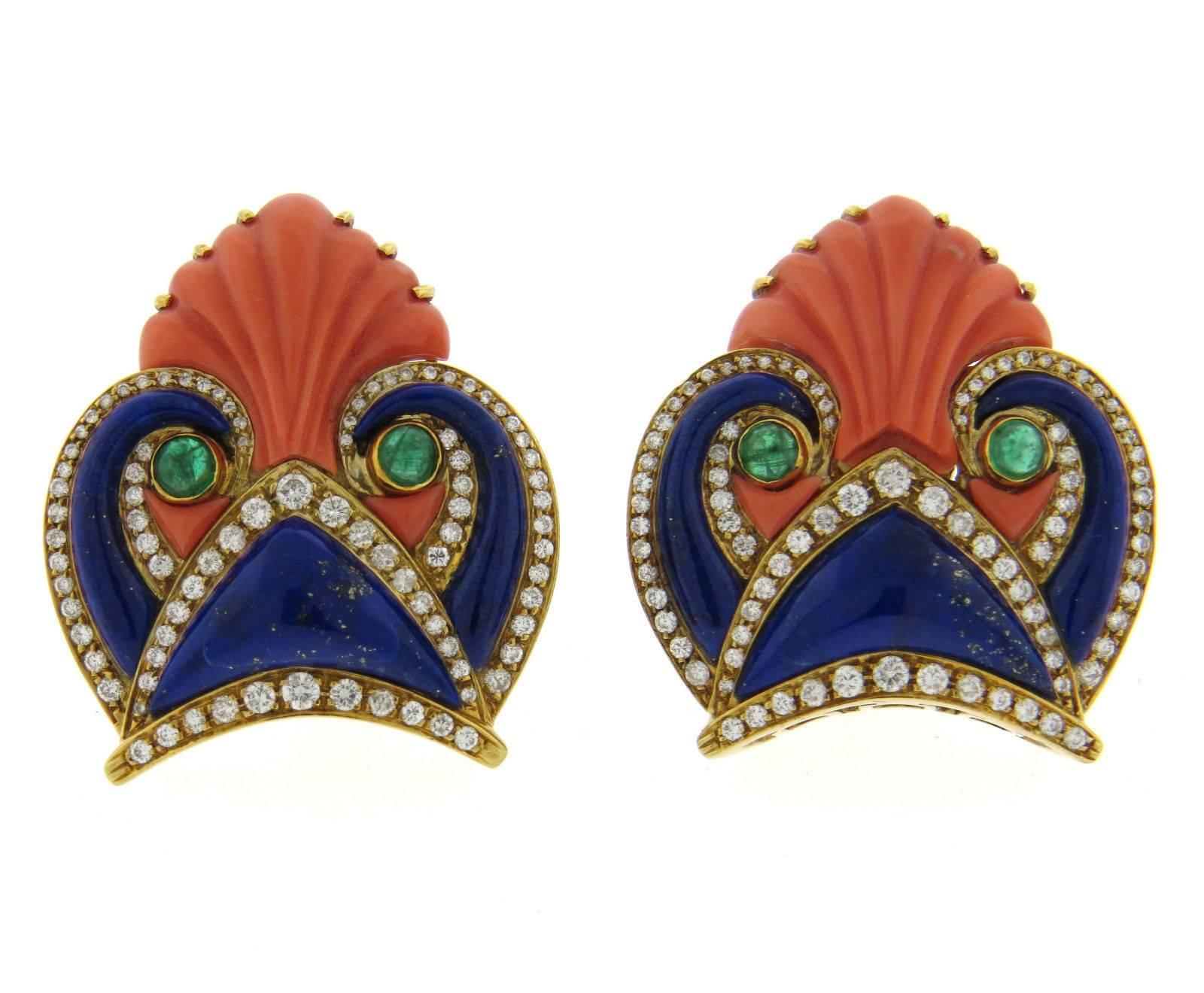 An circa 1980s 18k yellow gold earrings and bracelet set  with diamonds, carved coral, lapis and emerald cabochons. Bracelet will fit up to 7 1/4
