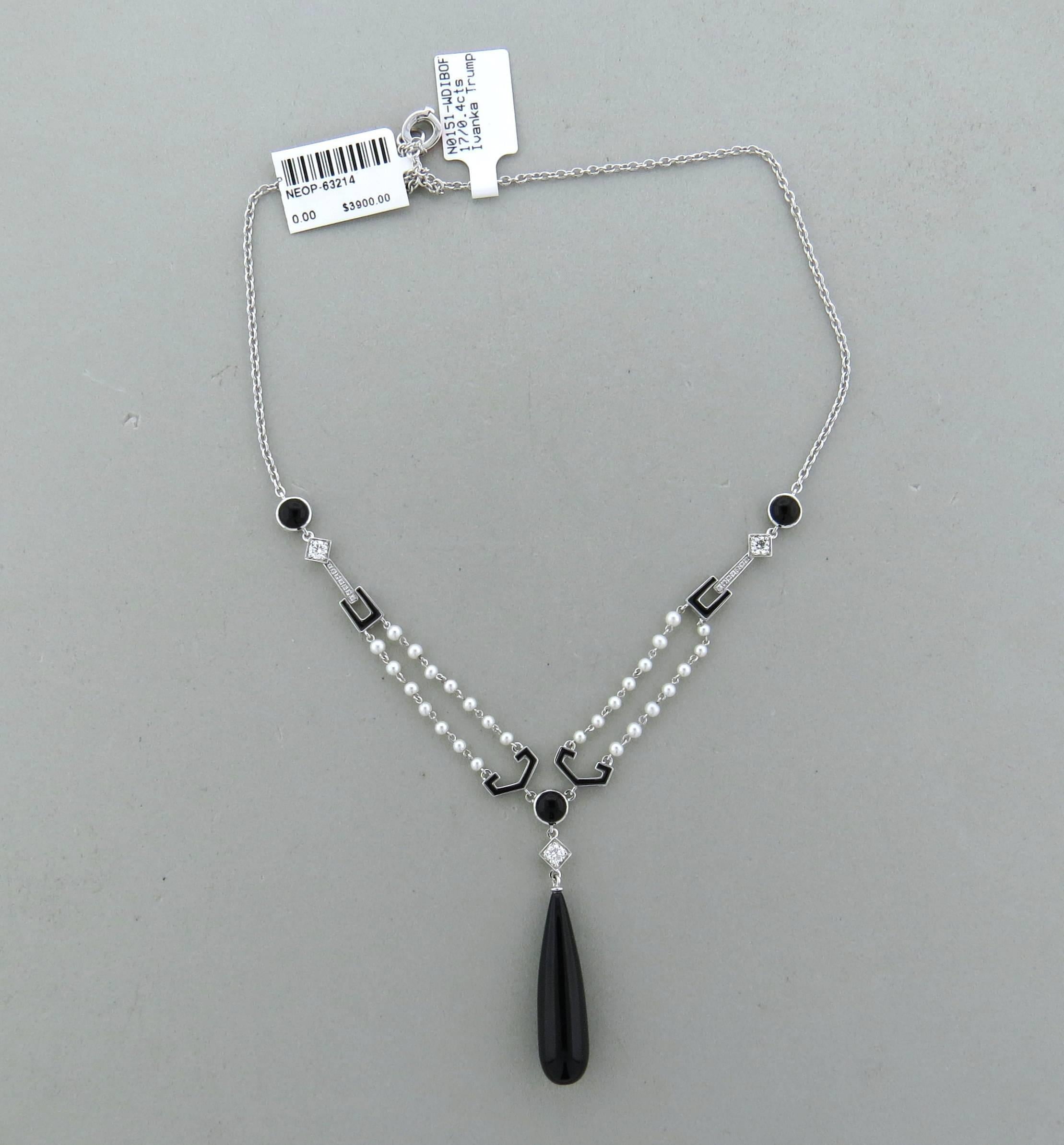 A new 18k white gold necklace, crafted by Ivanka Trump, decorated with approx. 0.40ctw in G/VS diamonds and onyx stones. Necklace is 16