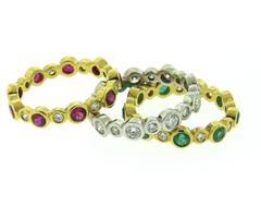Modern Emerald Ruby Diamond Gold Stackable Ring Set