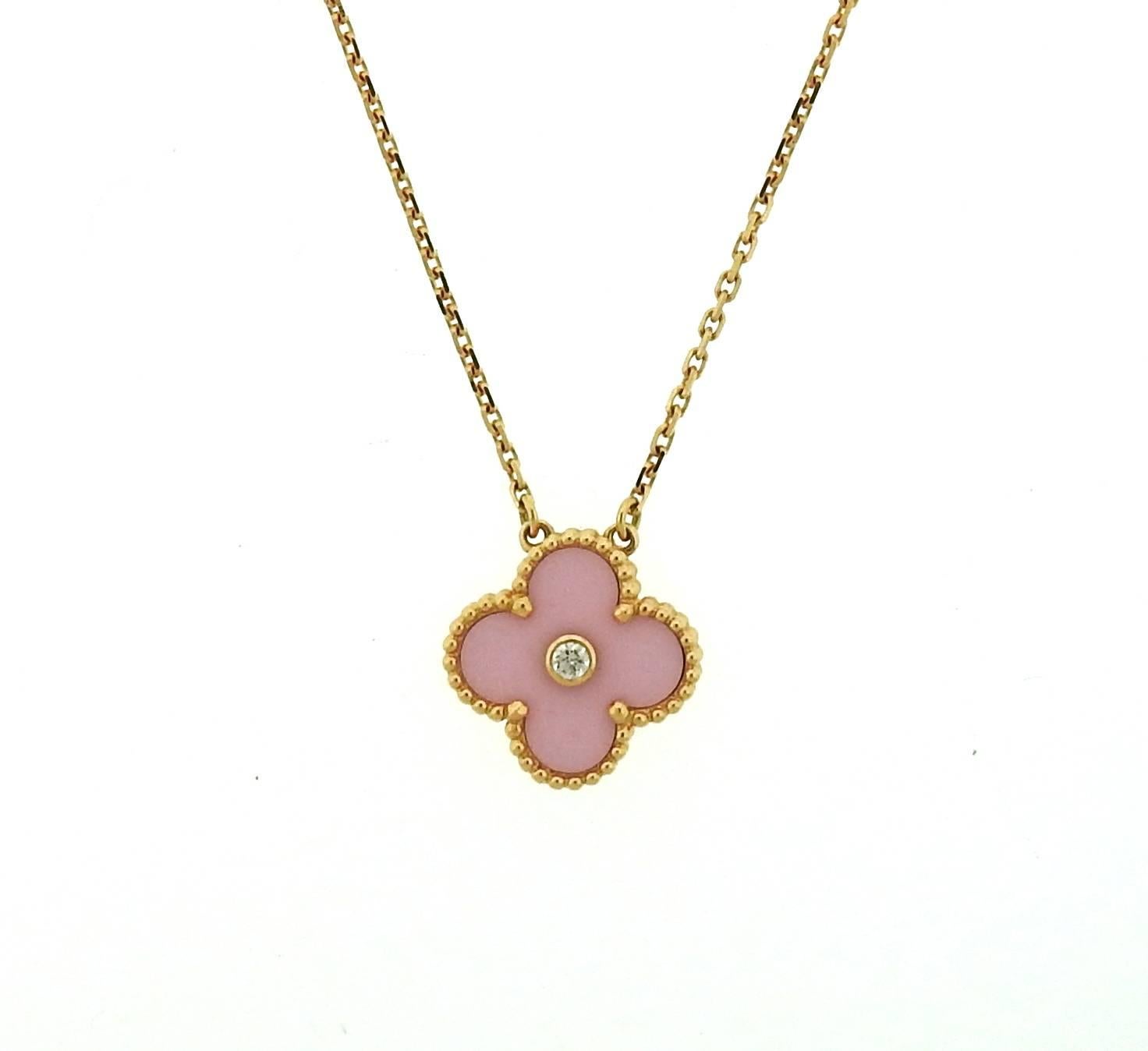 Van Cleef & Arpels Limited Edition 18k Rose Gold Porcelain Diamond Alhambra Necklace

	Necklace is 16 1/4