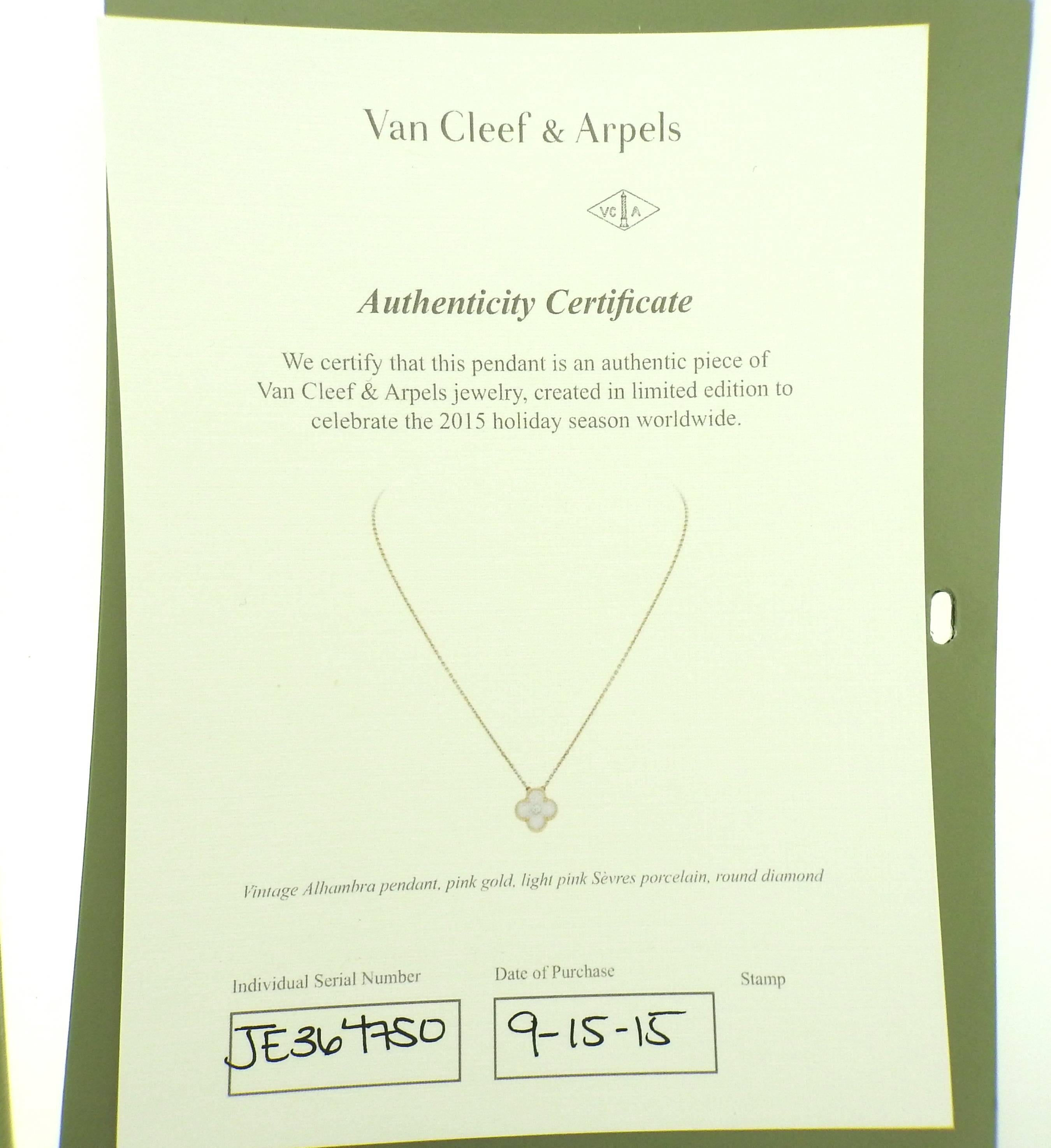 Women's Van Cleef & Arpels Porcelain Diamond Gold Alhambra Necklace