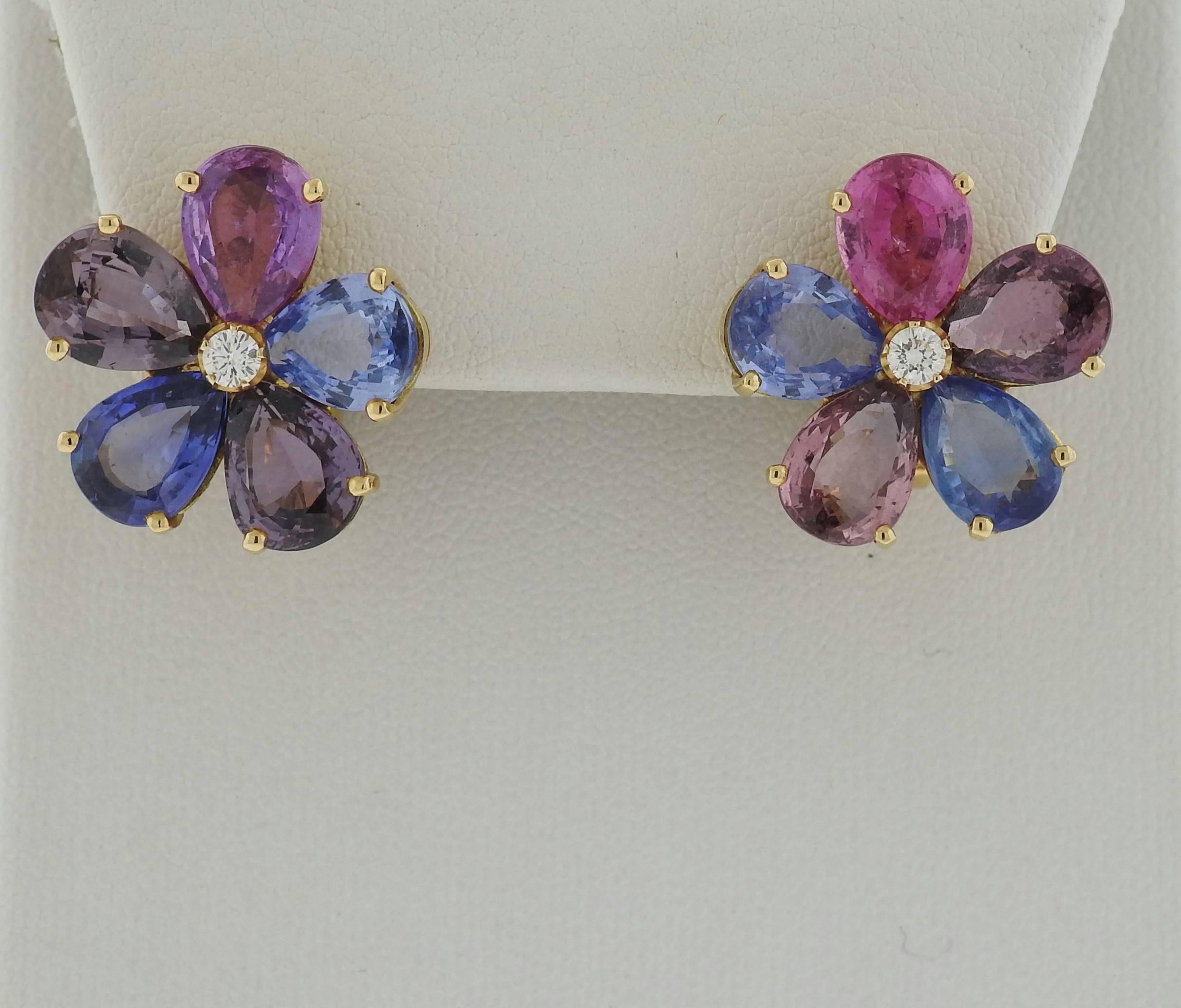 Bulgari Multi Color Sapphire Diamond Gold Flower Earrings In Excellent Condition In Lambertville, NJ