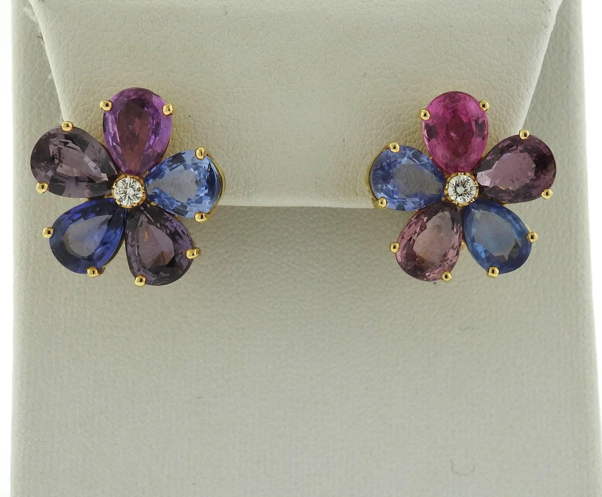 Bulgari Multi Color Sapphire Diamond Gold Flower Earrings 2