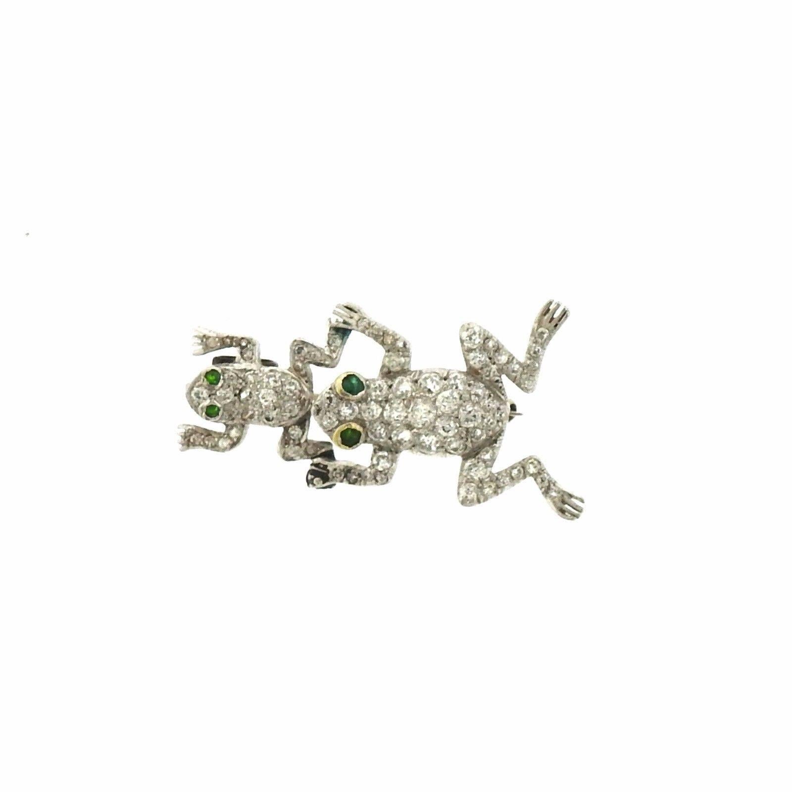 Antique Art Deco platinum frog brooch, crafted by Shreve & Co, set with emerald eyes and old mine cut diamonds. Brooch measures 39mm x 21mm. Marked: Shreve & Co.  (Tested Platinum). Weight of the brooch - 7.2 grams