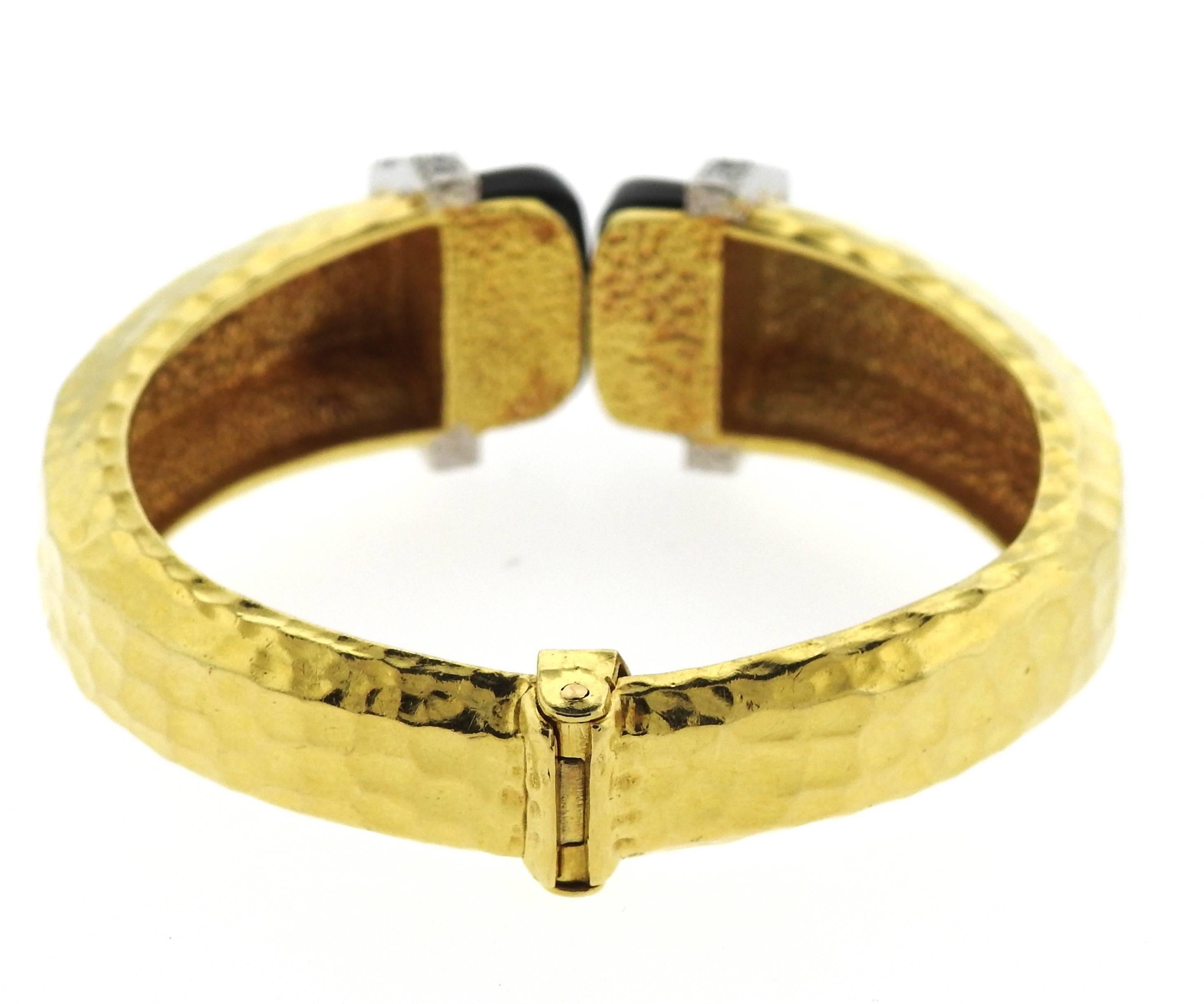 R. Stone Onyx Diamond Gold Hammered Finish Cuff Bracelet  1