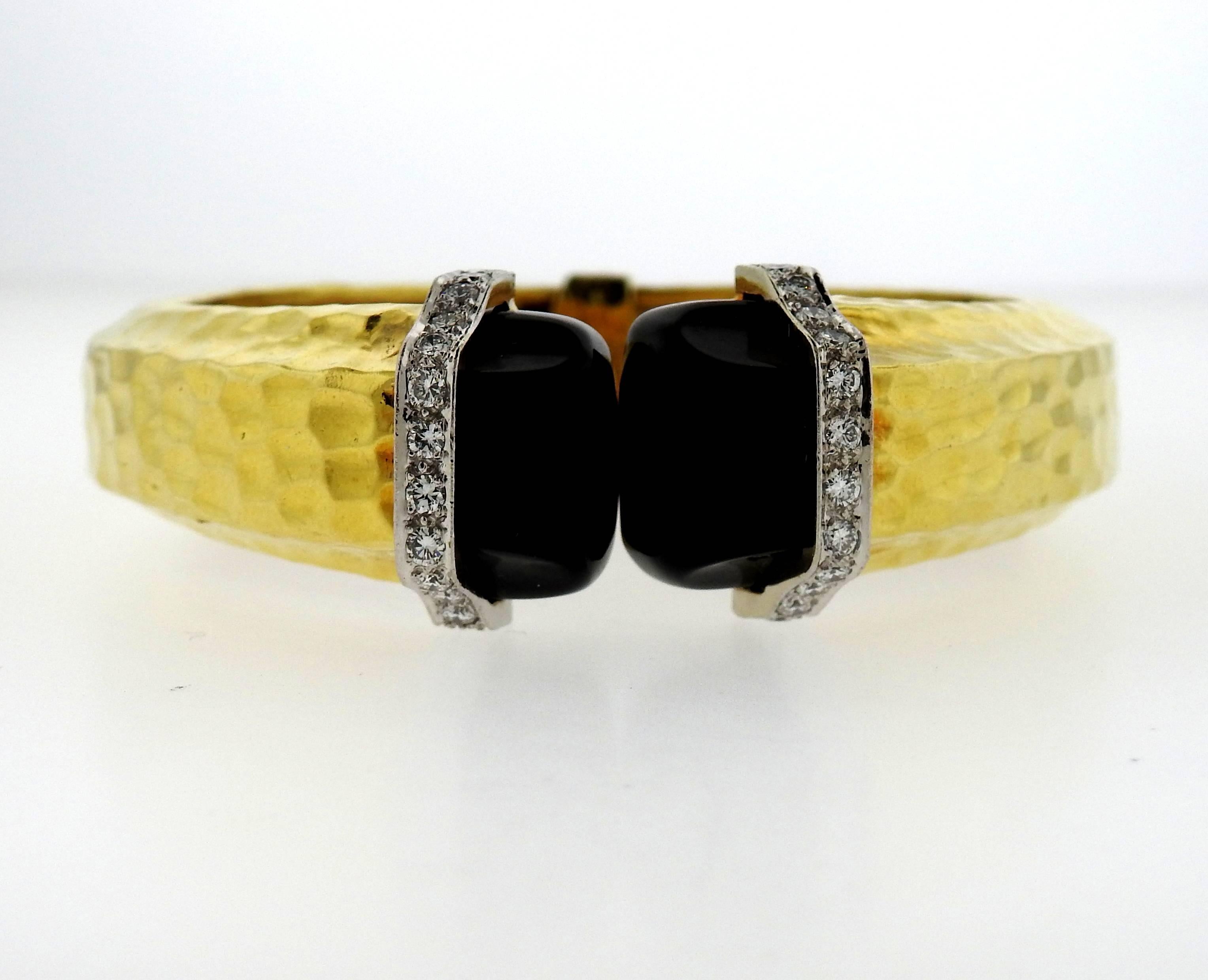 R. Stone Onyx Diamond Gold Hammered Finish Cuff Bracelet  2