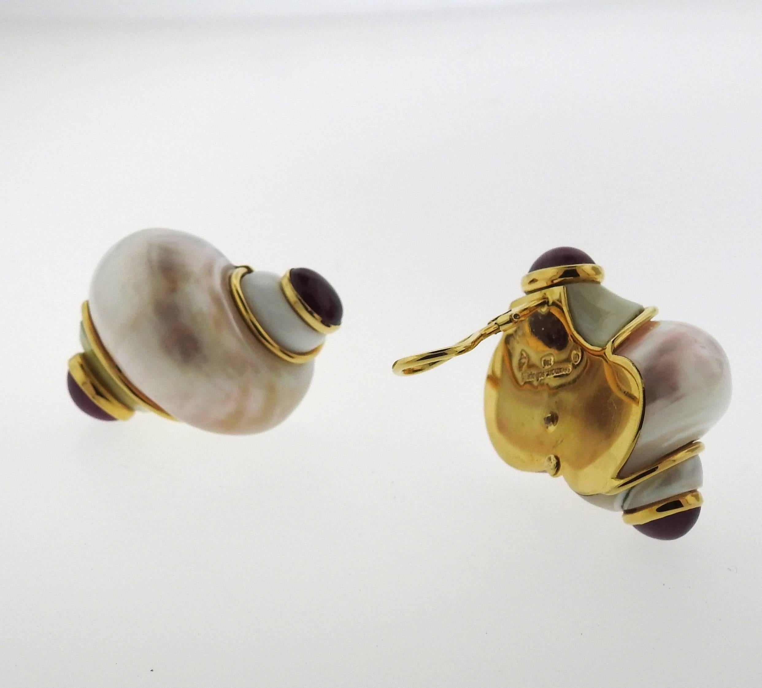 Women's Seaman Schepps Large Turbo Shell Ruby Gold Earrings 