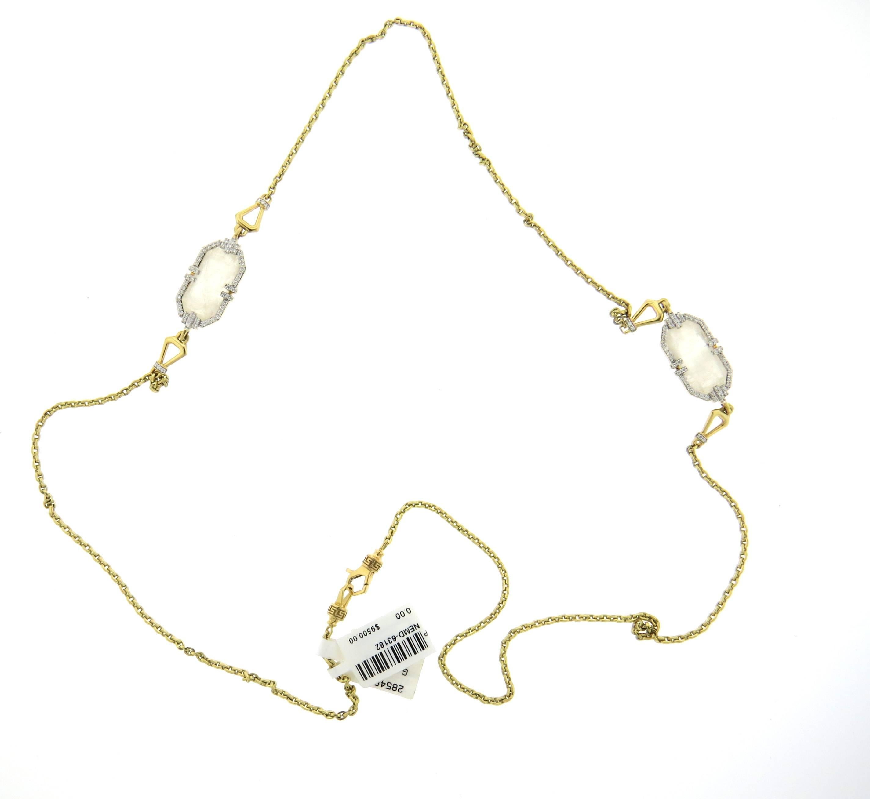 A new long 18k yellow gold necklace, crafted by Ivanka Trump, featuring white labradorite and diamond stations. Diamonds total approx. 0.75ctw. Necklace is 30 1/2
