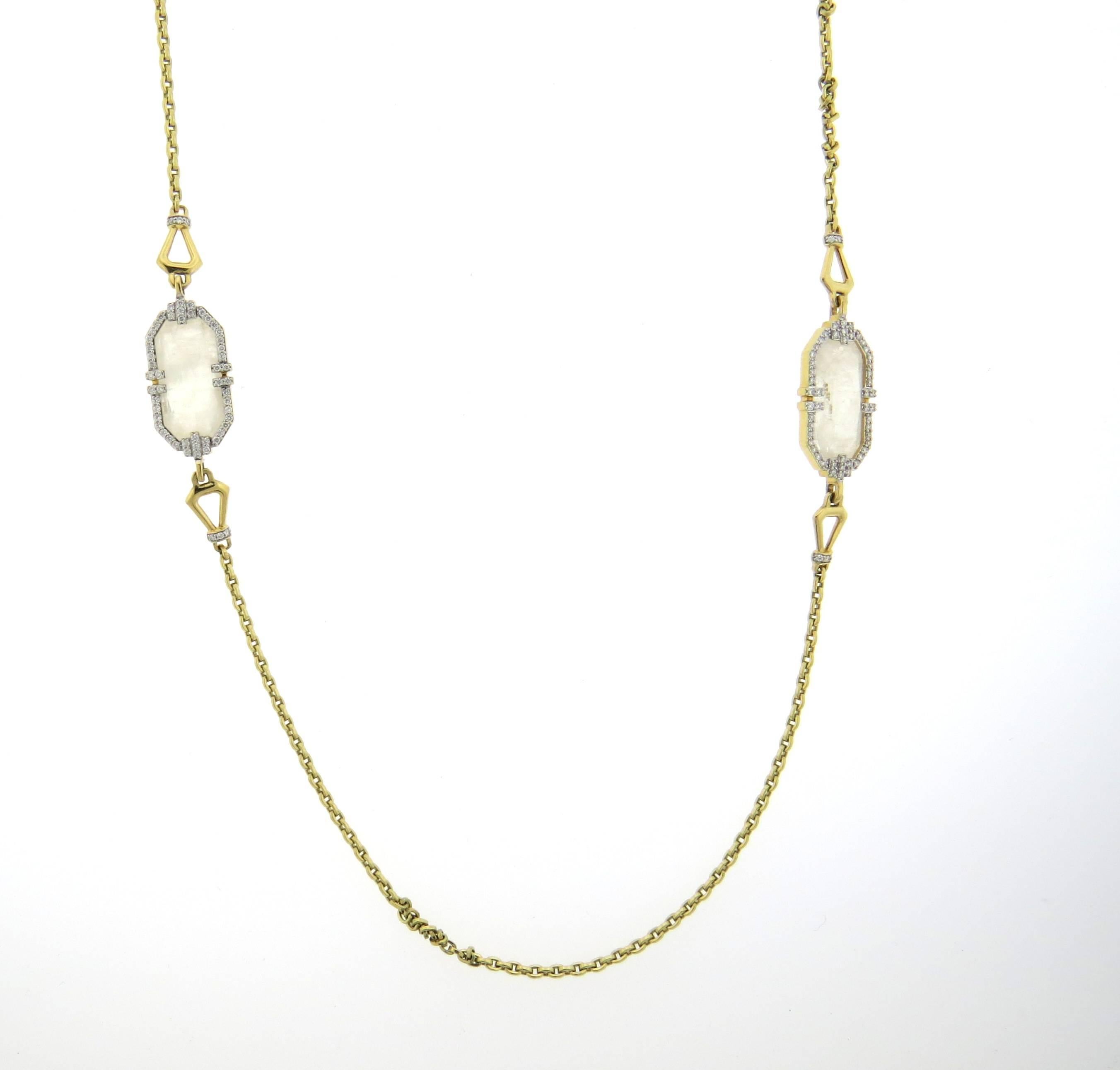 Ivanka Trump Gold White Labradorite Diamond Long Necklace In New Condition In Lambertville, NJ