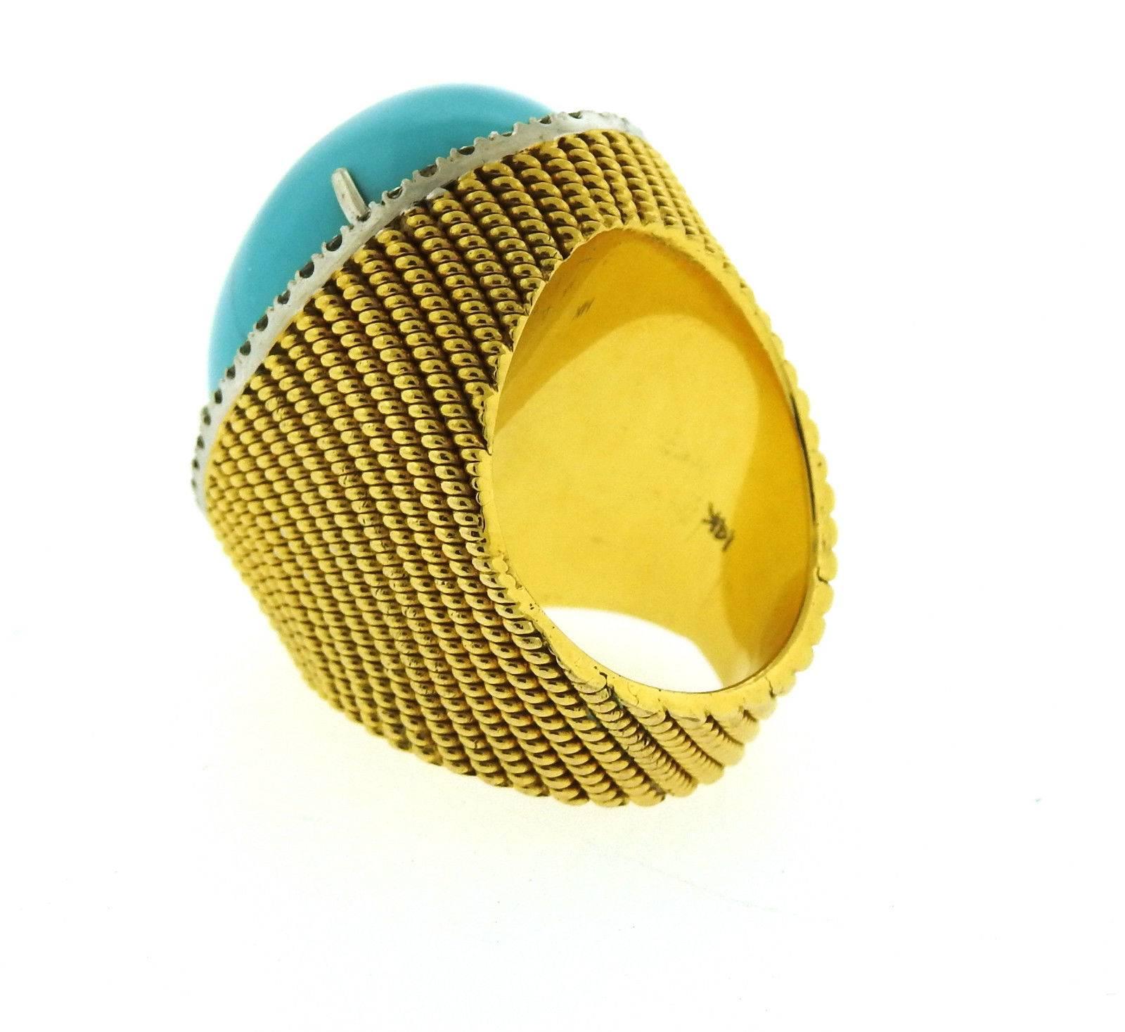 1960s Massive Turquoise Diamond Gold Ring In Excellent Condition In Lambertville, NJ