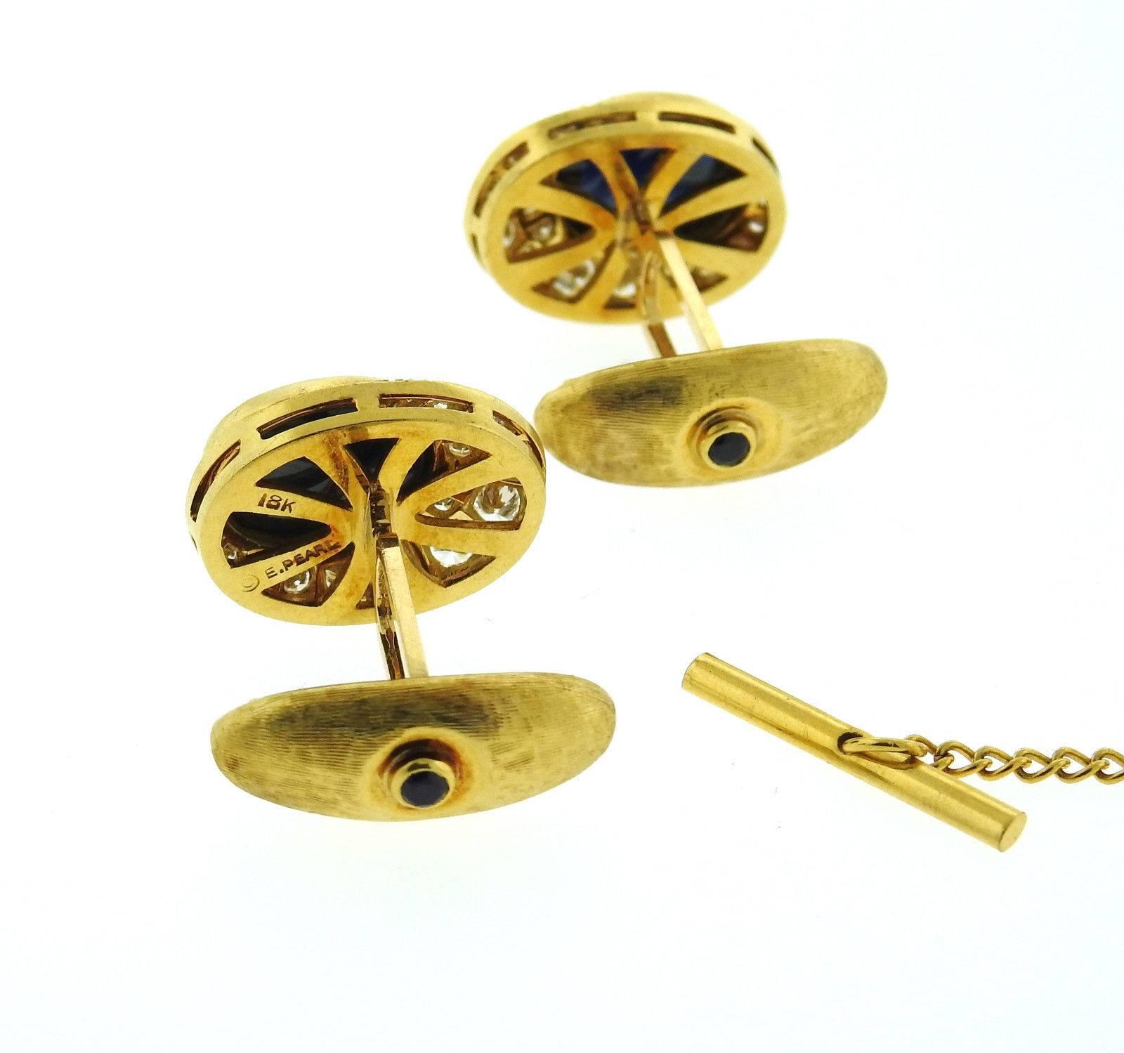 Erwin Pearl Sapphire Gold Diamond Cufflinks Tie Tack Dress Set In Excellent Condition In Lambertville, NJ