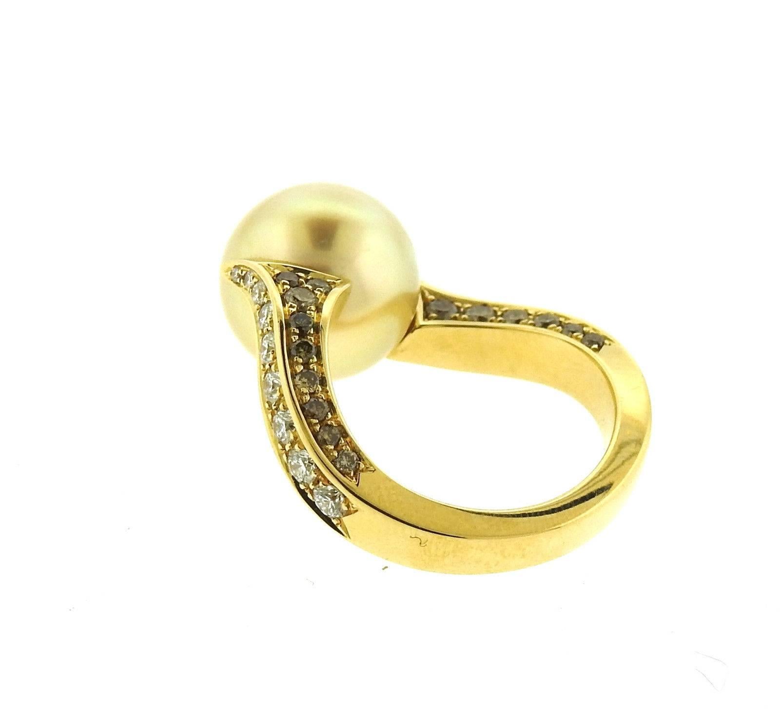 Mikimoto Golden South Sea Pearl Diamond Gold Ring In New Condition In Lambertville, NJ