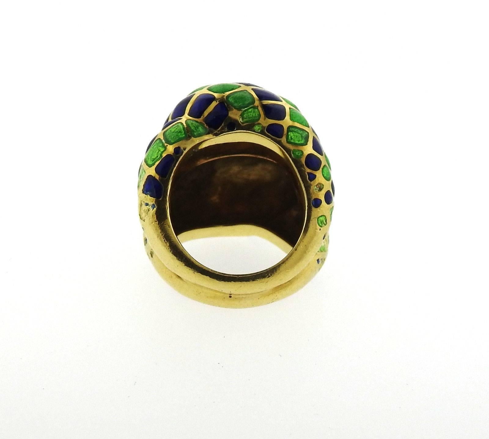 Women's or Men's Large Blue and Green Enamel Gold Dome Ring