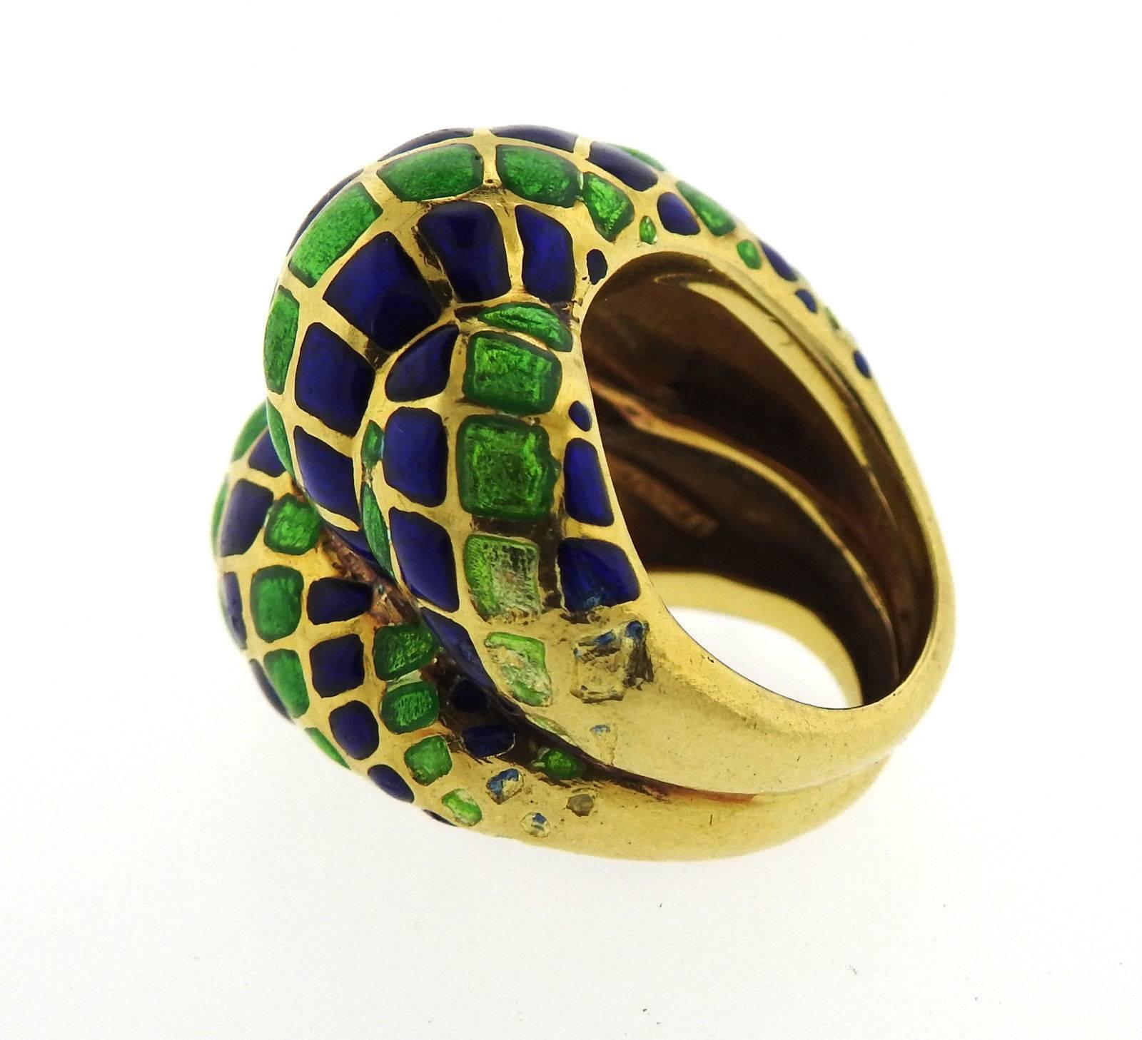 Large Blue and Green Enamel Gold Dome Ring In Excellent Condition In Lambertville, NJ