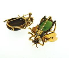 Antique Jade Tiger's Eye Ruby Pearl Gold Insect Brooch Pin Set