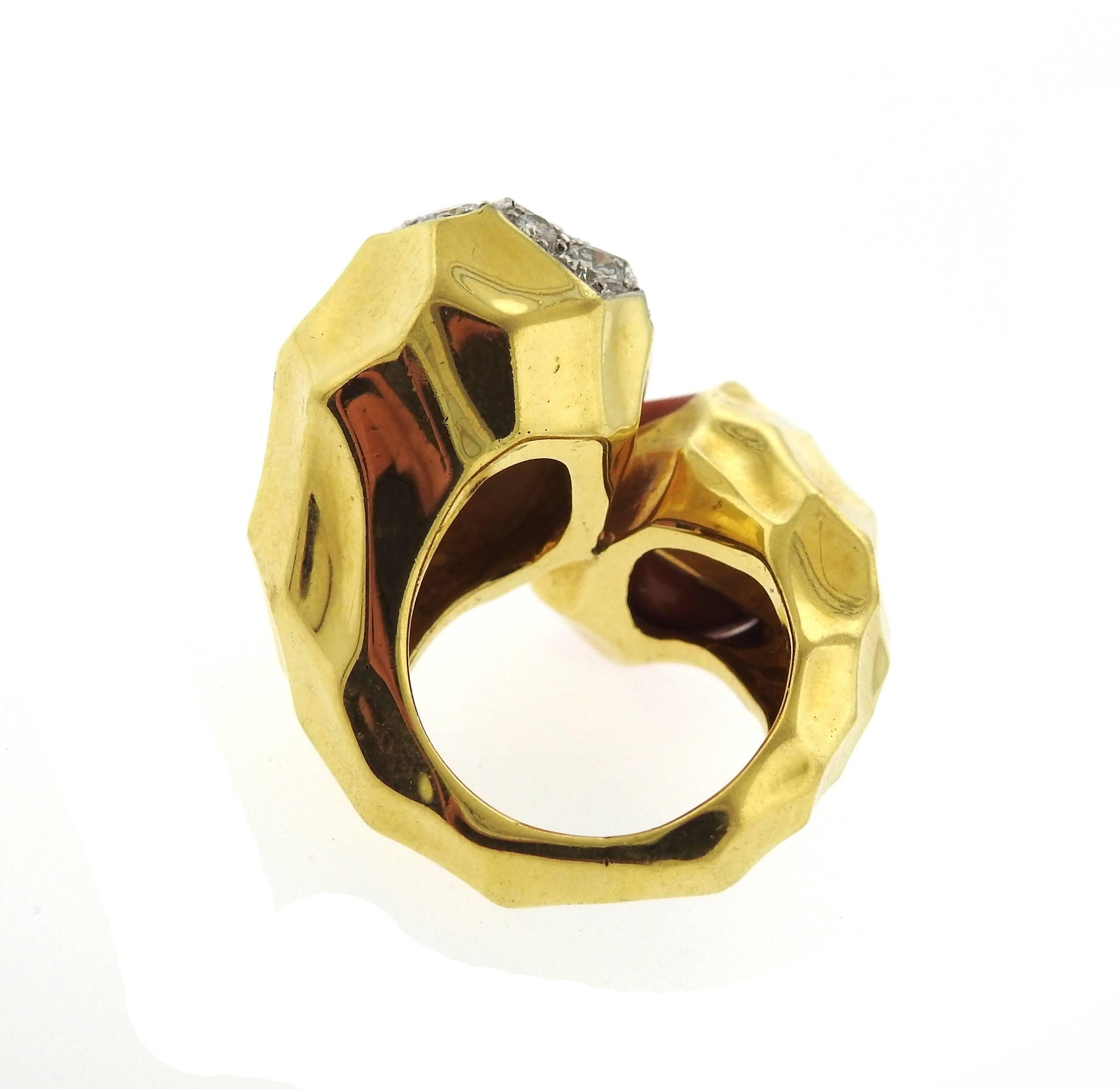 Women's Kutchinsky Coral Diamond Gold Bypass Ring For Sale