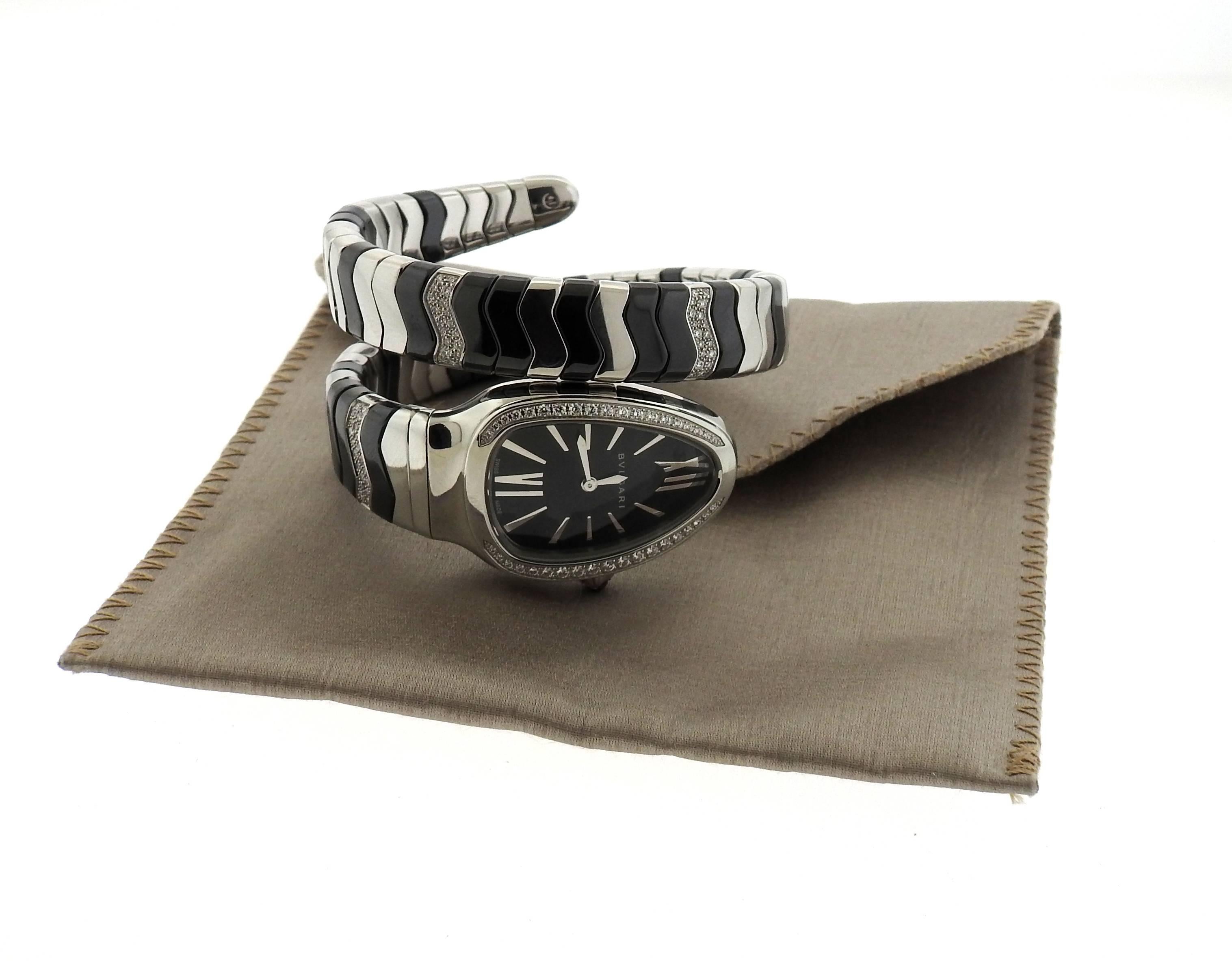 Bulgari Stainless Steel Diamond Ceramic Serpenti Quartz Wrap Bracelet Wristwatch 3