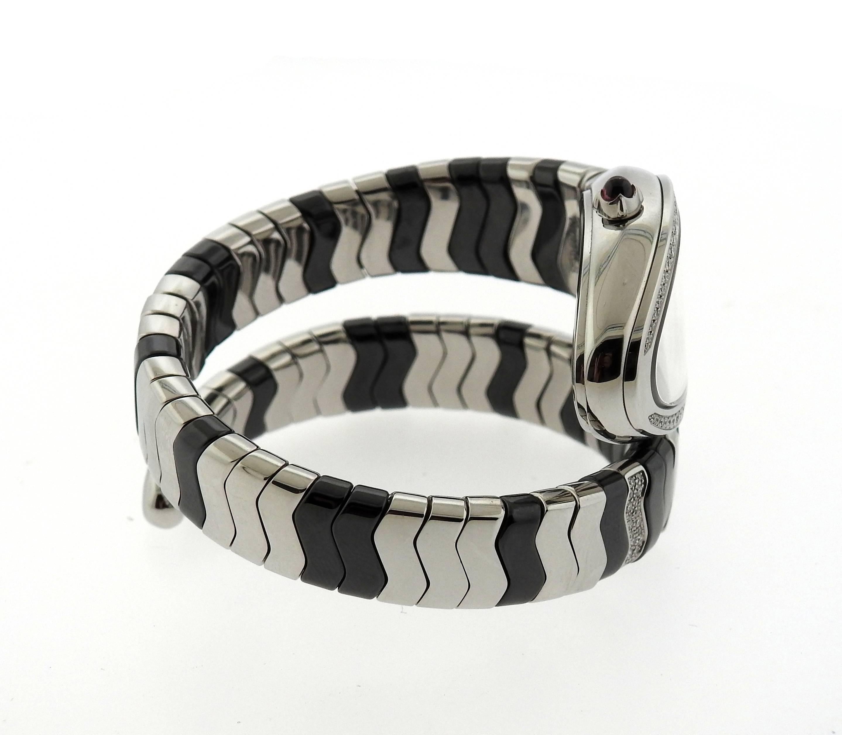 Women's Bulgari Stainless Steel Diamond Ceramic Serpenti Quartz Wrap Bracelet Wristwatch