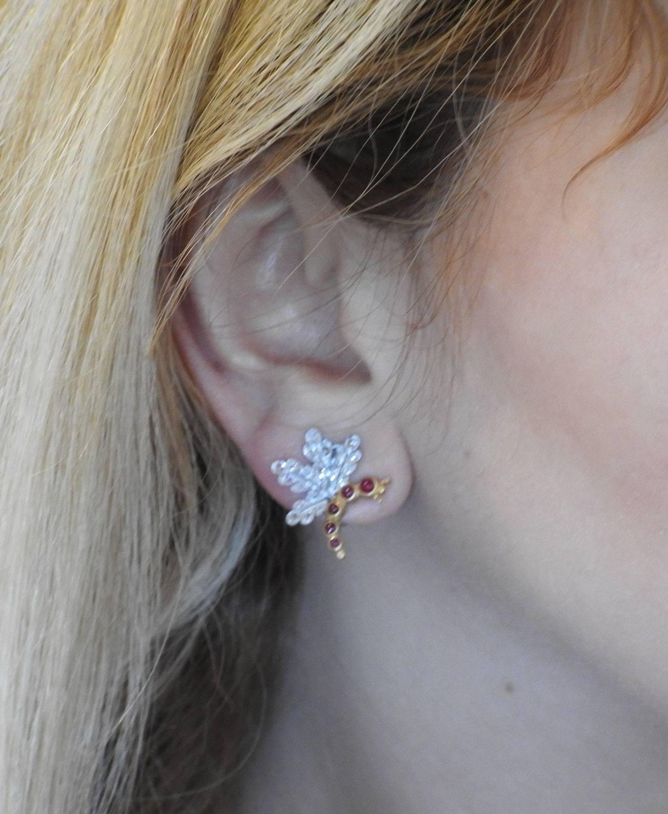Round Cut Buccellati Ruby Rose Cut Diamond Gold Earrings For Sale