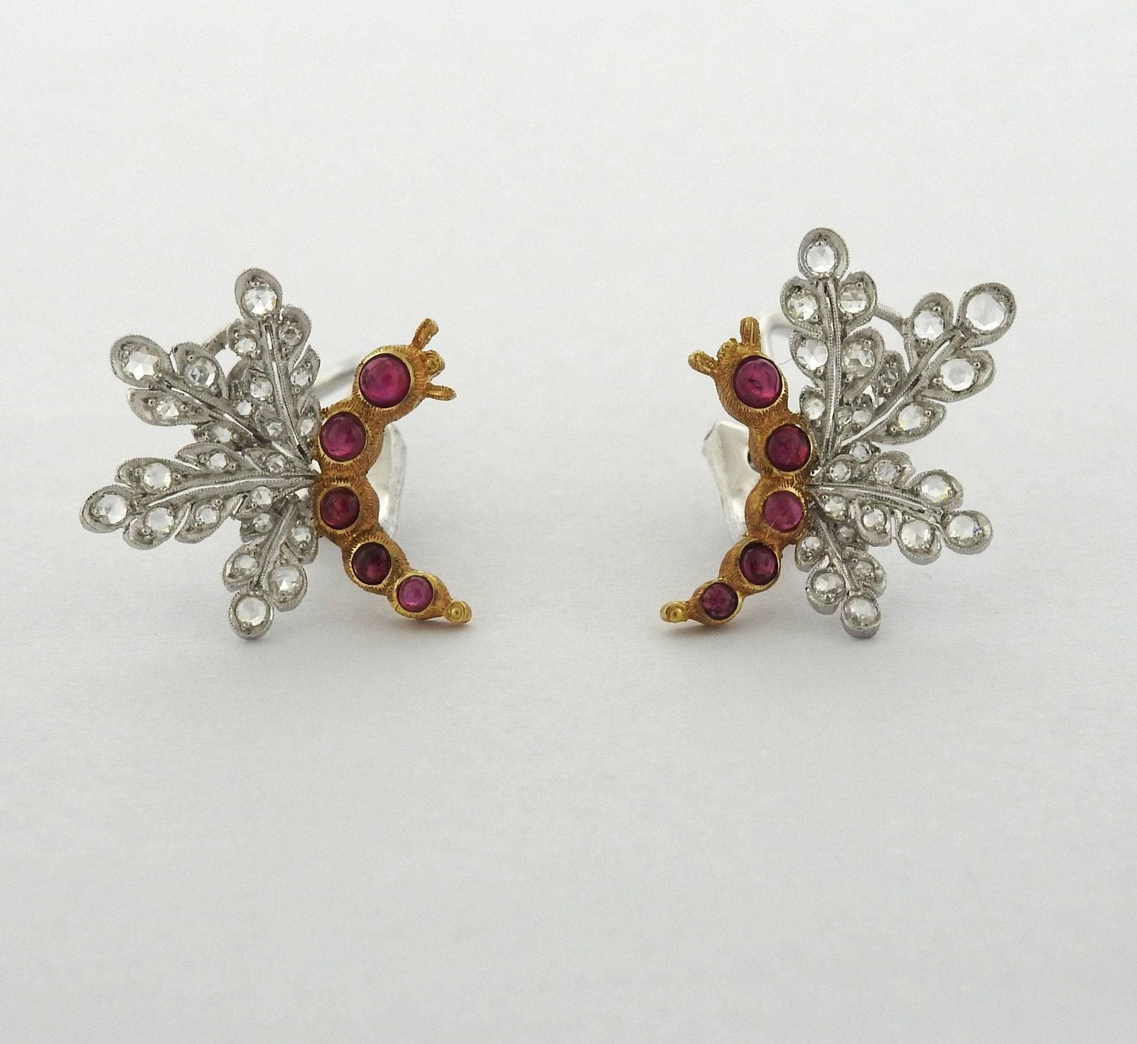 Buccellati Ruby Rose Cut Diamond Gold Earrings In Excellent Condition For Sale In Lambertville, NJ