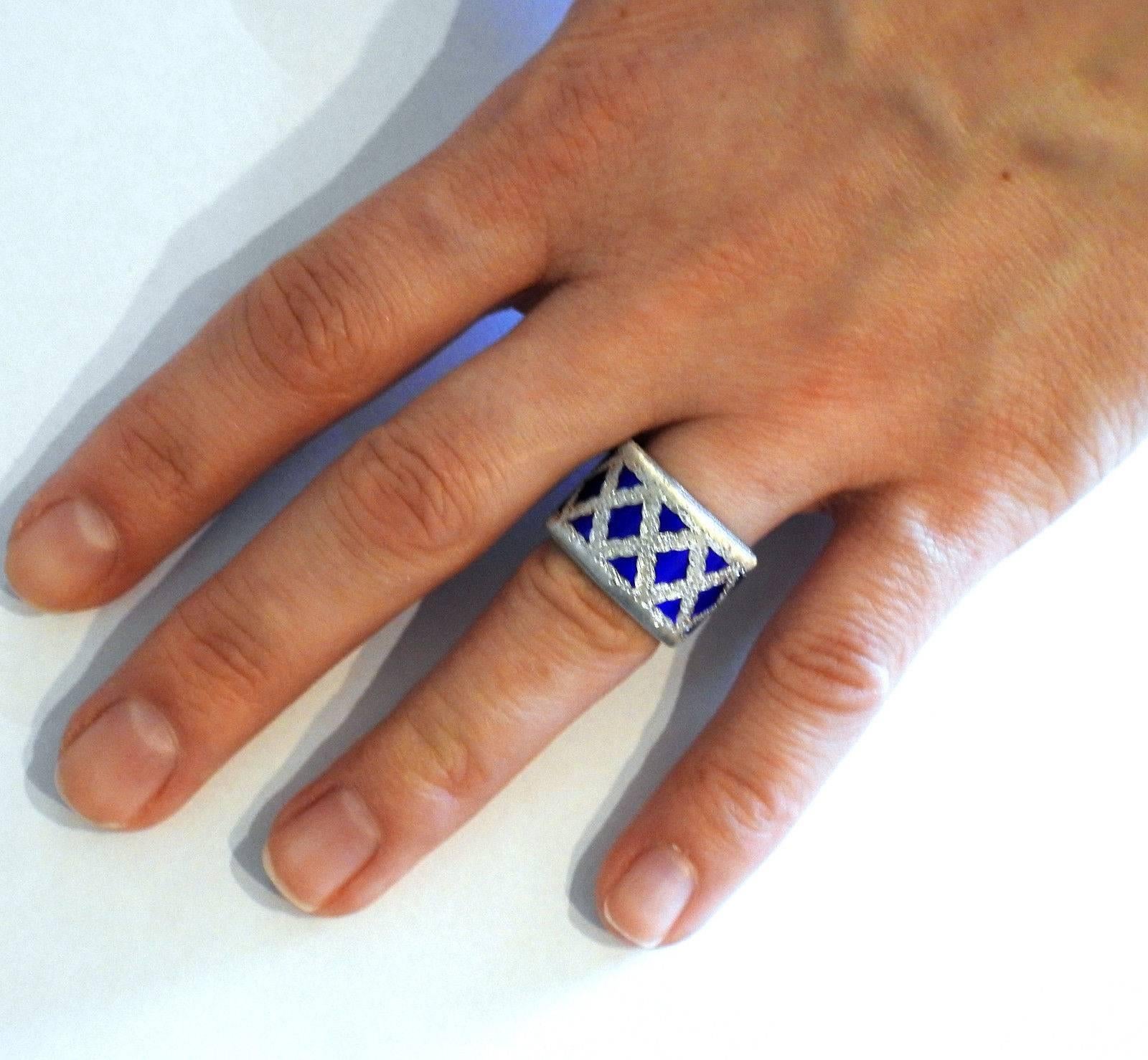 Buccellati Eternelle Silver Blue Enamel Wide Band Ring In New Condition In Lambertville, NJ