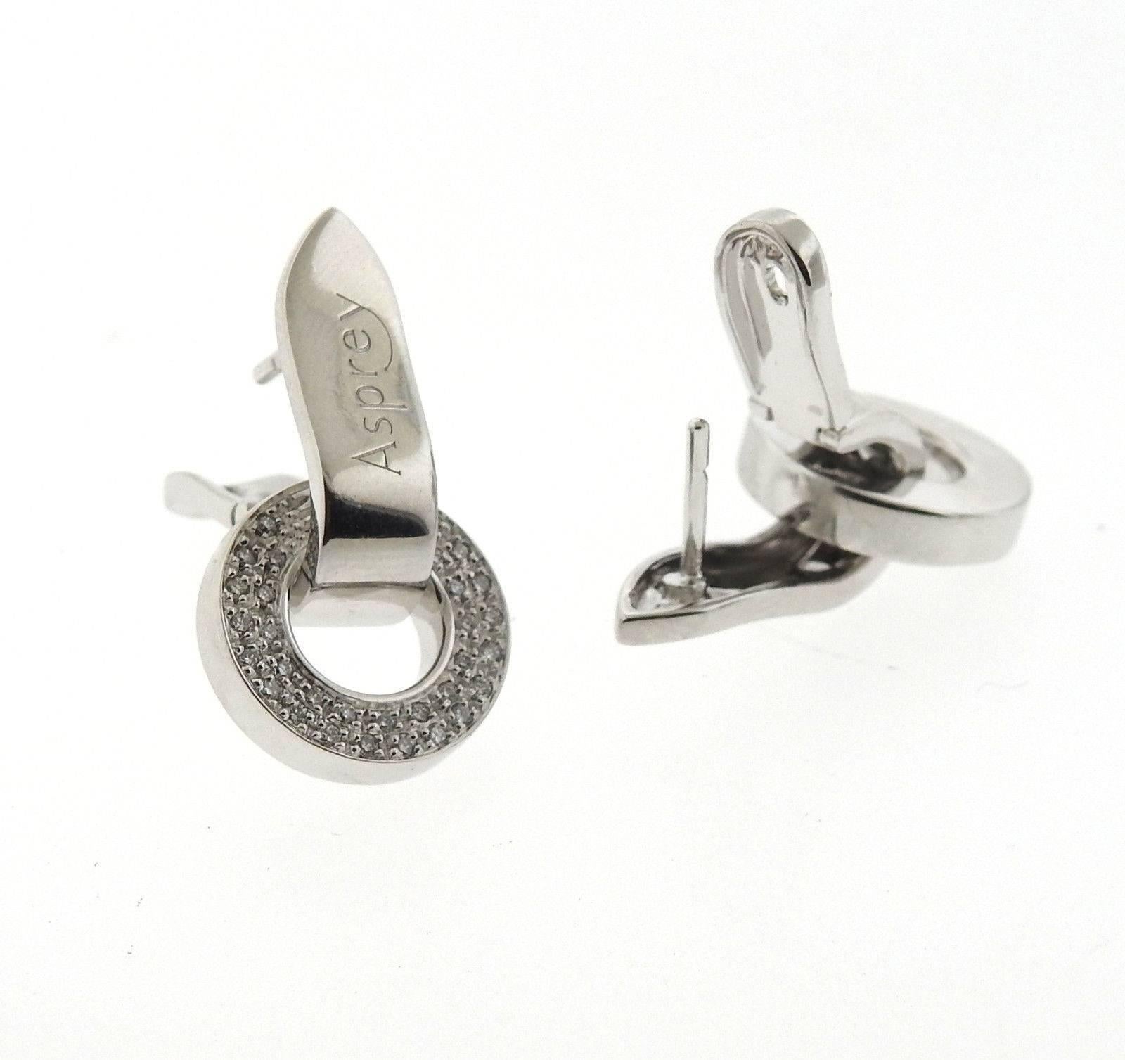 A pair of 18k white gold earrings set with approximately 0.40ctw of G/VS diamonds.  The earrings measure 27mm x 15mm  and weigh 14.8 grams. Marked: Asprey, made in Italy, 750.