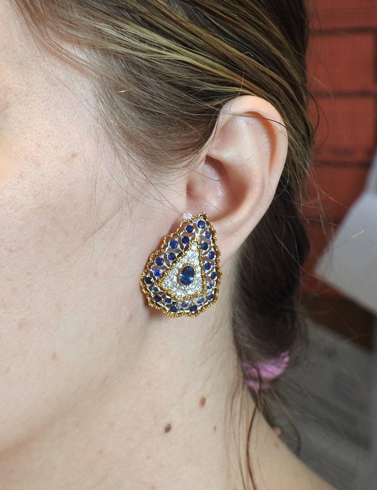 Buccellati Sapphire Diamond Gold Large Earrings In Excellent Condition For Sale In Lambertville, NJ