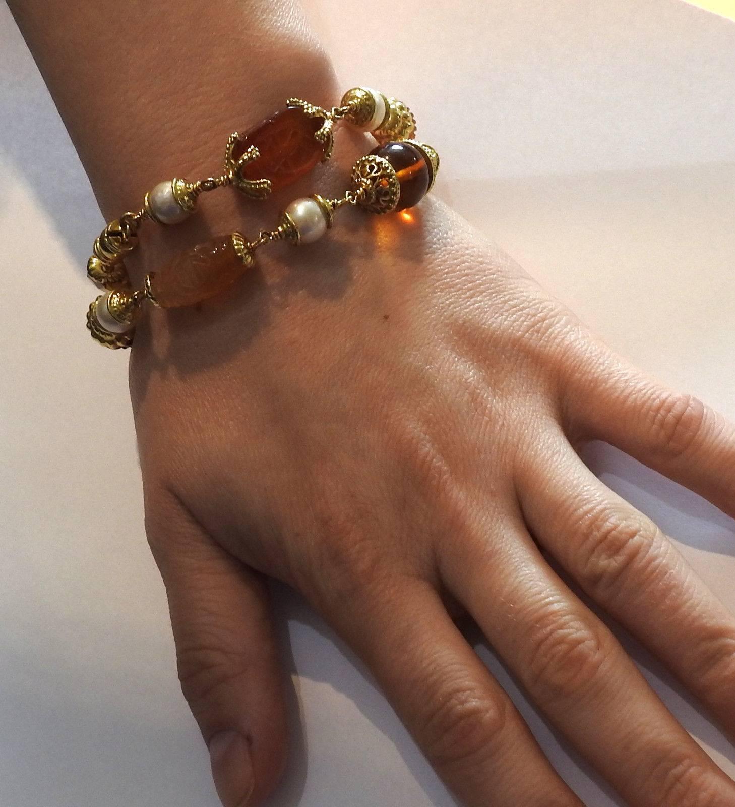 Women's Seaman Schepps Baroque Carved Gemstone Pearl Gold Bracelet Set