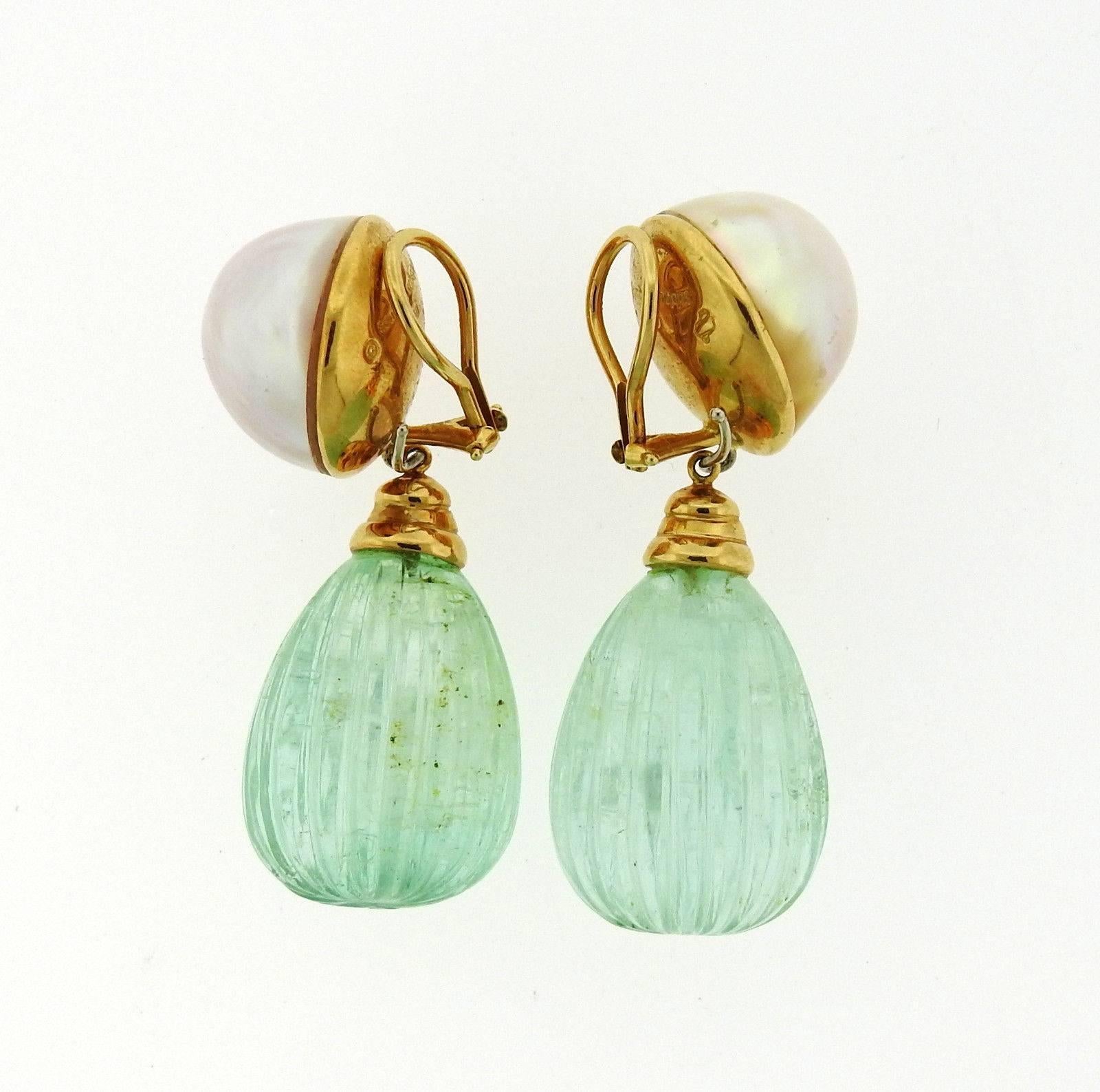 Seaman Schepps Pearl Carved Emerald Gold Drop Day Night Earrings 1