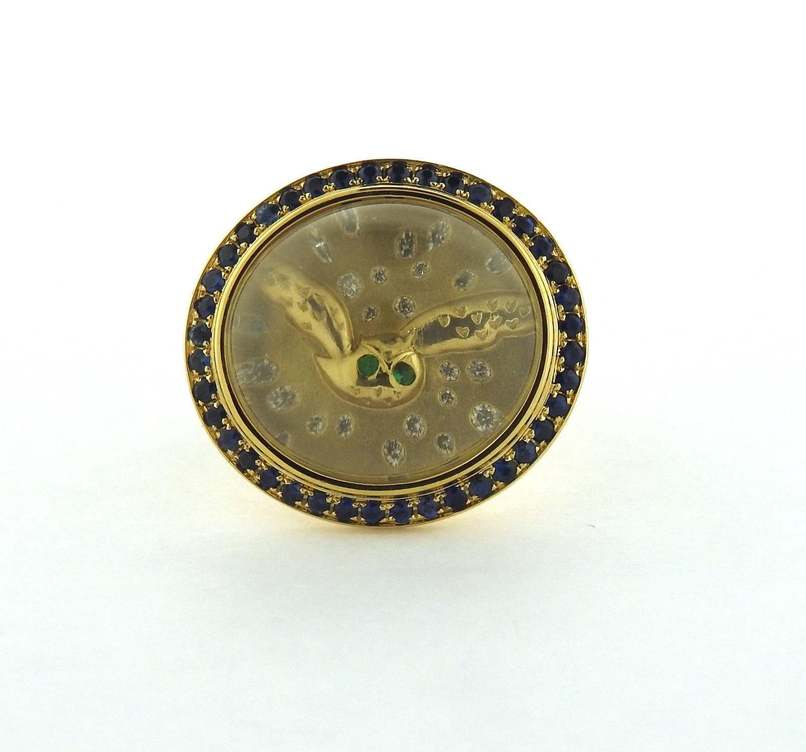 Women's Temple St. Clair Gold Diamond Sapphire Emerald Night Owl Ring