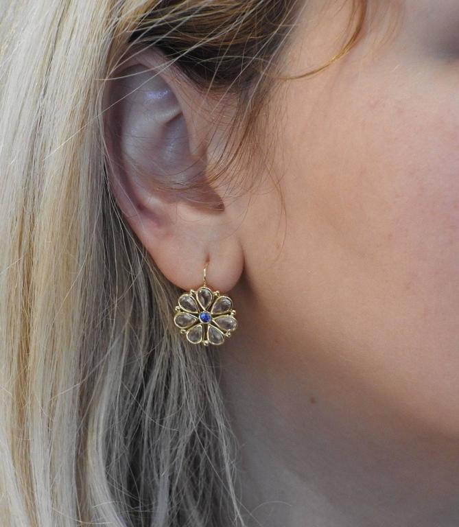 Temple St Clair Rose Cut White Blue Shire Gold Flower Earrings Temple St Clair Rose Cut White Blue Shire Gold Flower Earrings In New Condition For