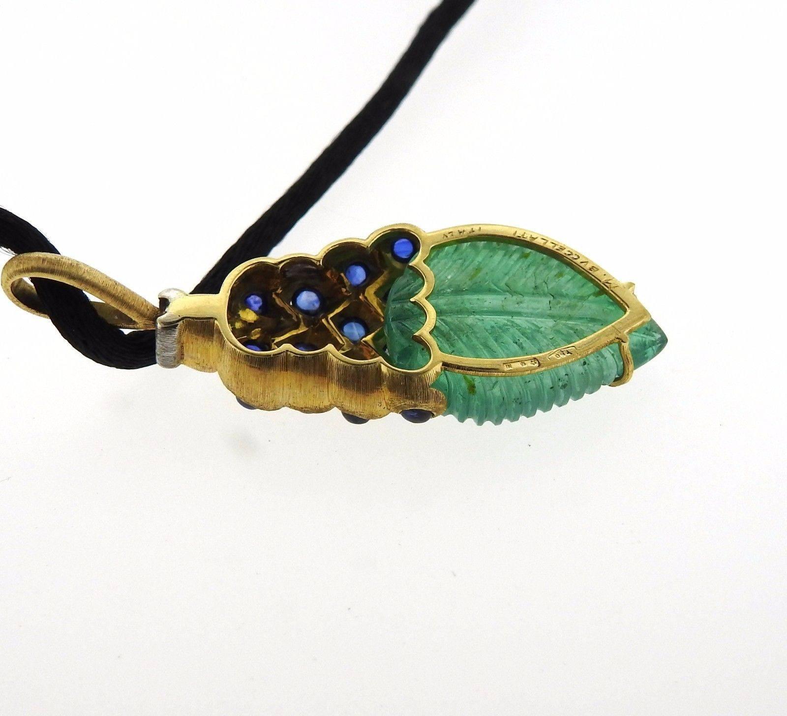 Women's Buccellati Carved Emerald Blue Sapphire Gold Pendant Cord Necklace