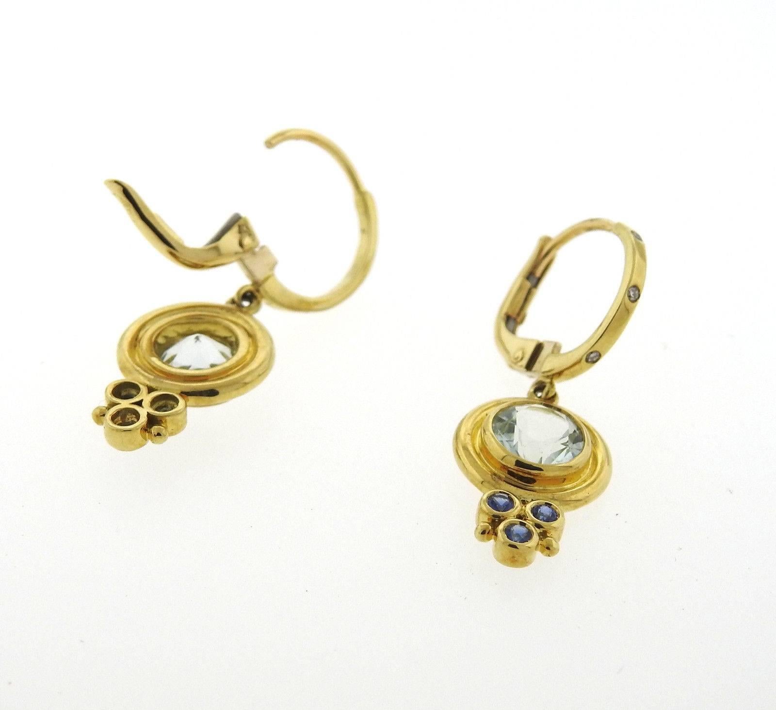 Temple St. Clair Aquamarine Sapphire Diamond Gold Drop Earrings In New Condition In Lambertville, NJ