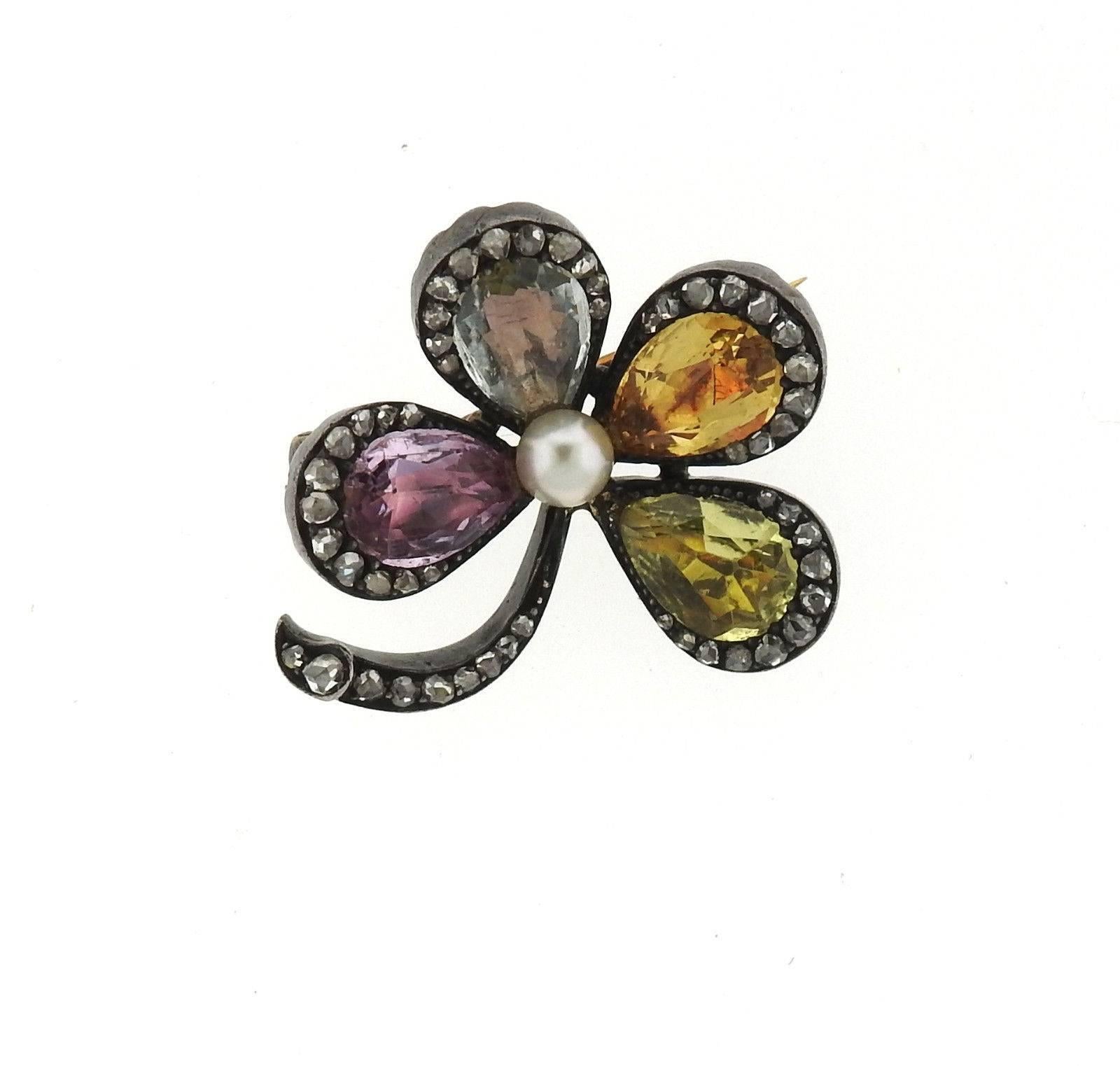 Antique Pearl Multi Color Sapphire Diamond Silver Gold Flower Brooch Pin In Excellent Condition In Lambertville, NJ