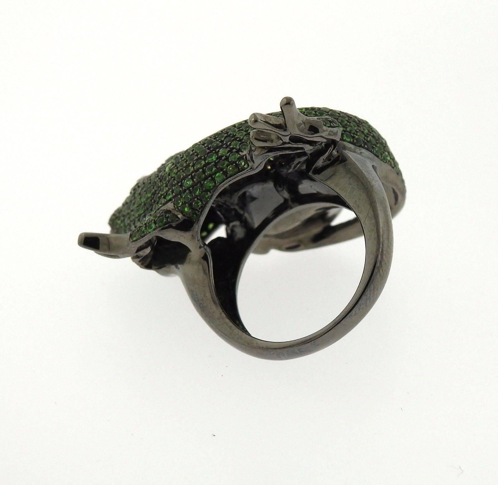 Whimsical Tsavorite Fire Opal Gold Gecko Ring In Excellent Condition In Lambertville, NJ