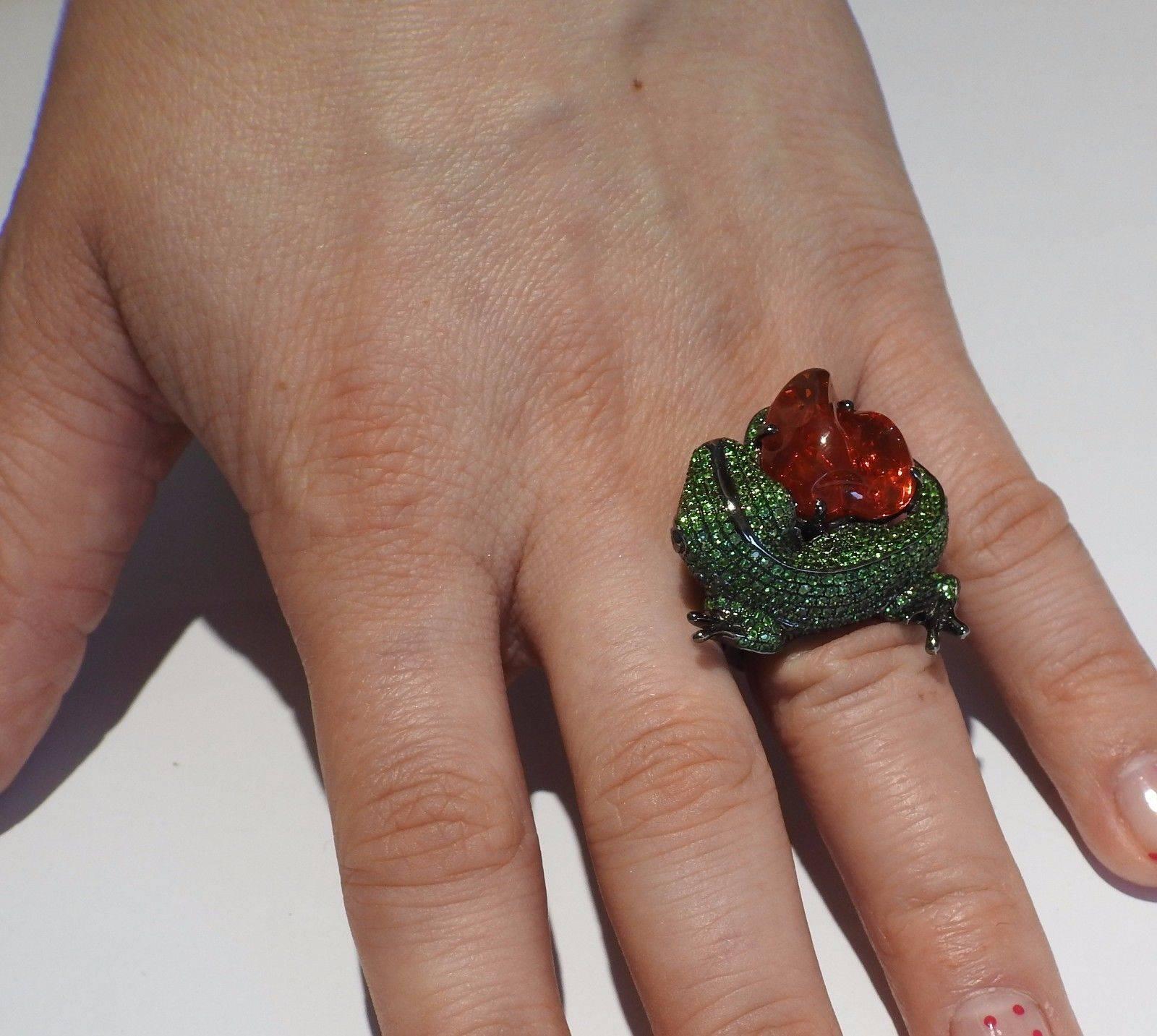 Women's Whimsical Tsavorite Fire Opal Gold Gecko Ring