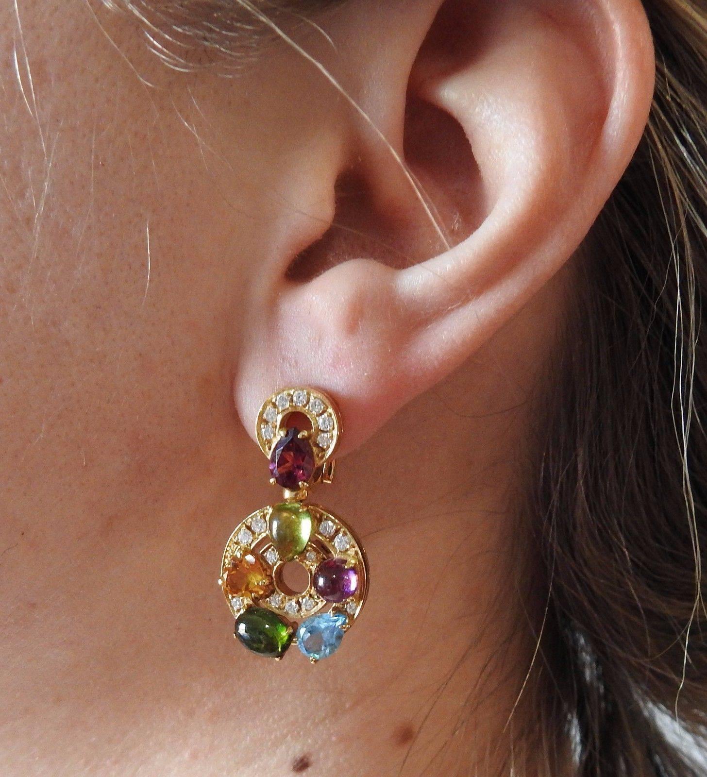 Bulgari Astrale Multi Gemstone Diamond Gold Earrings In Excellent Condition In Lambertville, NJ