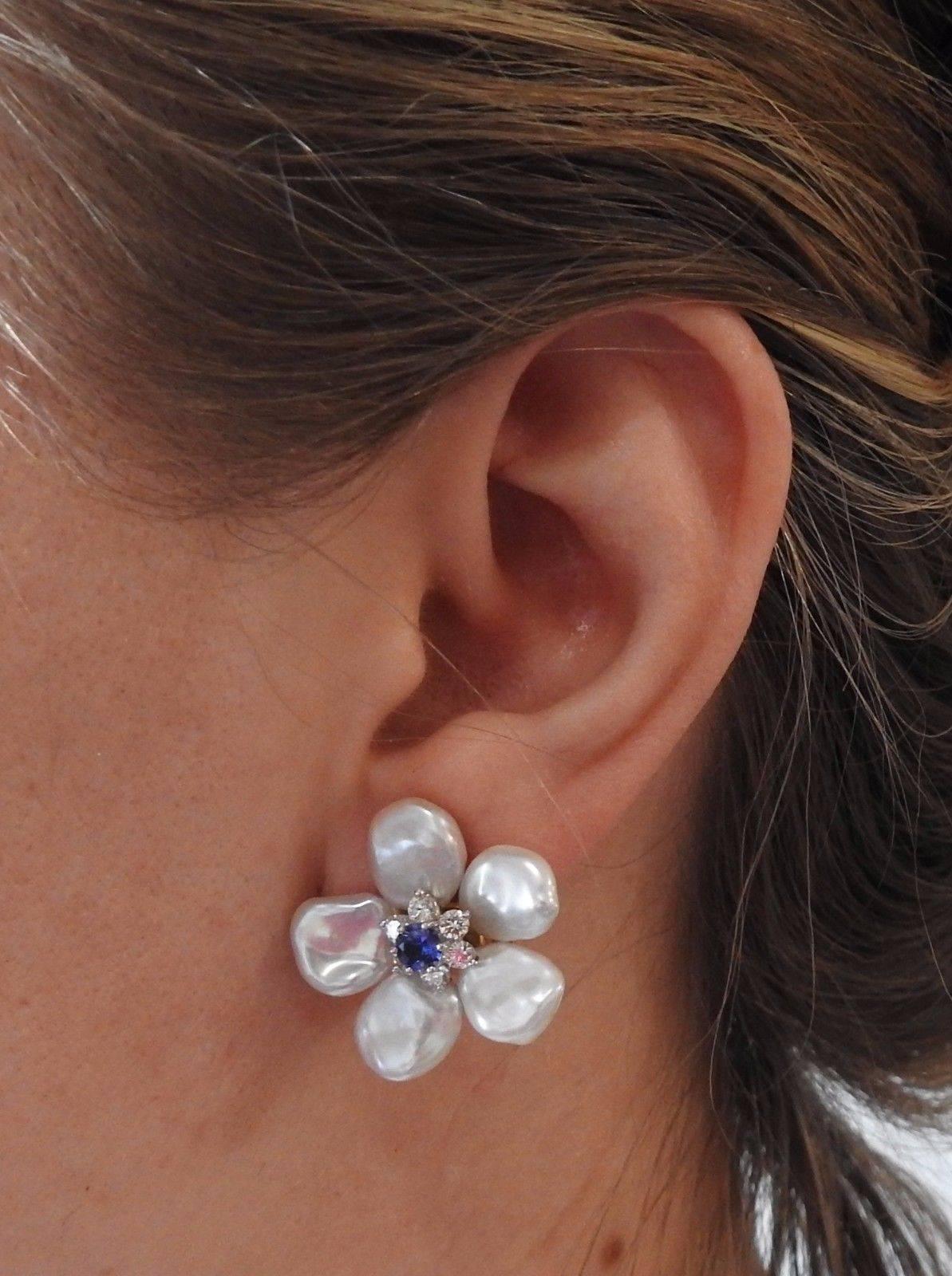 Seaman Schepps Sapphire Diamond Biwa Pearl Gold Flower Earrings In Excellent Condition In Lambertville, NJ