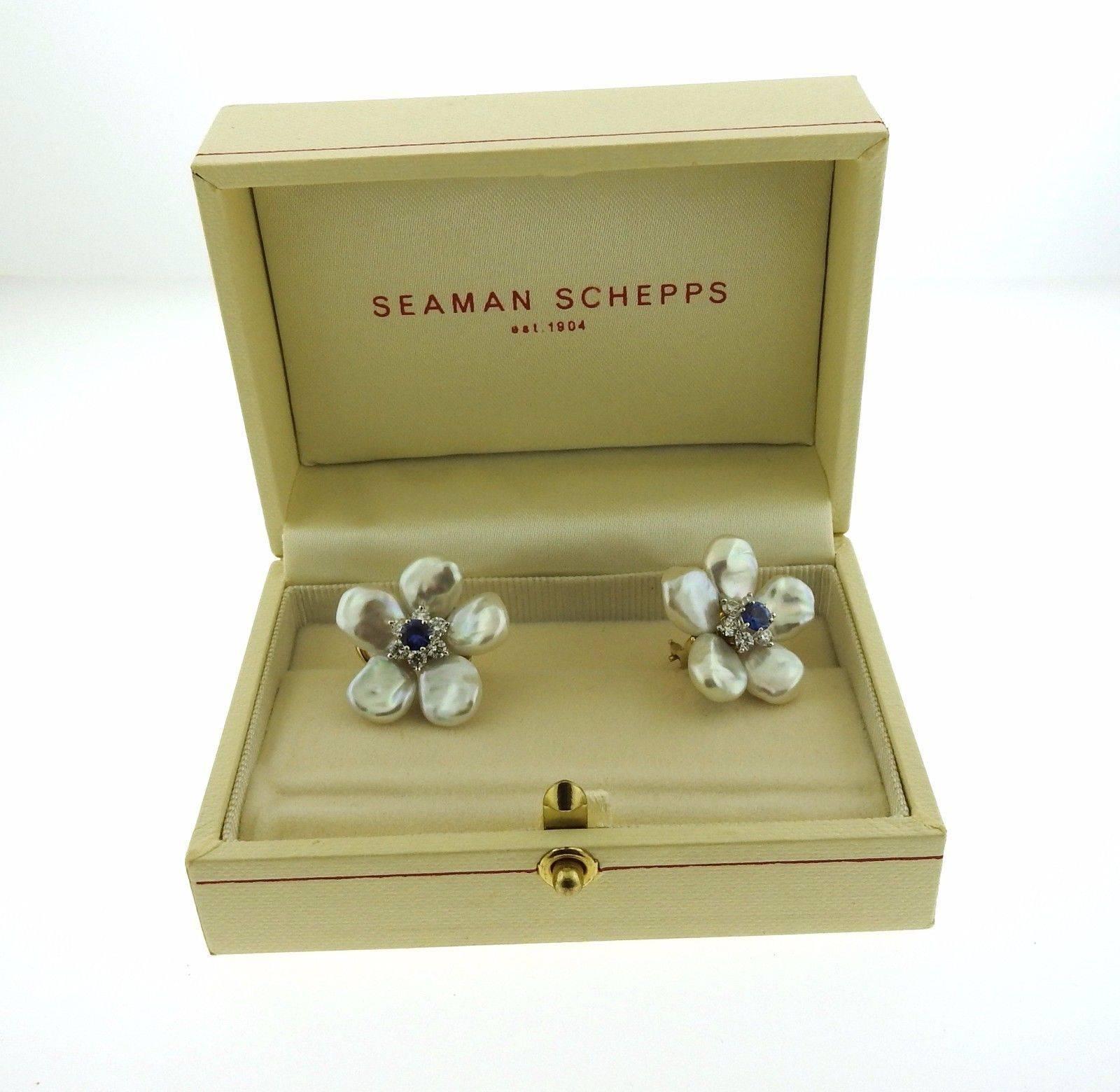 Women's Seaman Schepps Sapphire Diamond Biwa Pearl Gold Flower Earrings