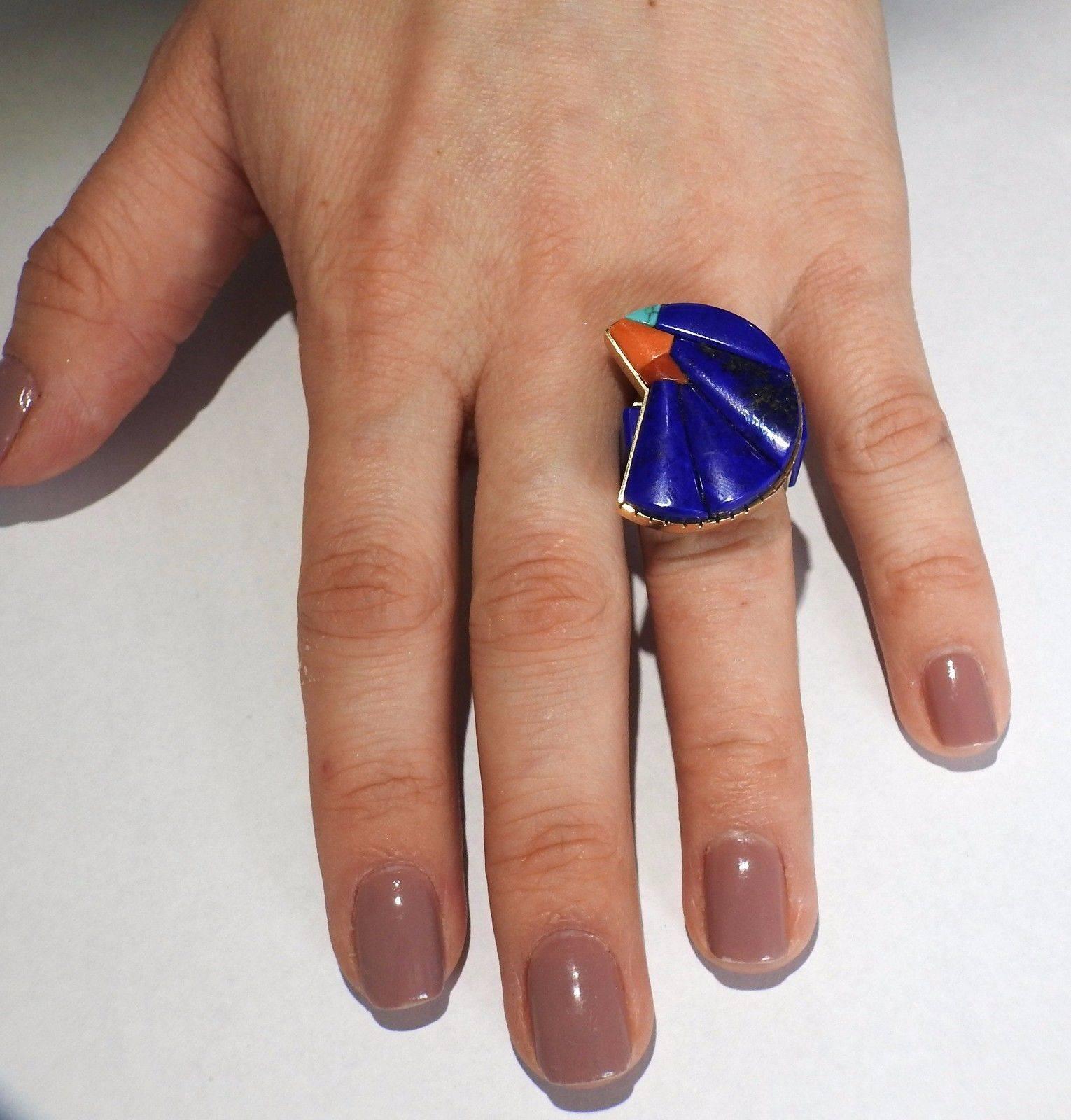 Women's Richard Chavez Native American Navajo Lapis Coral Turquoise Gold Ring