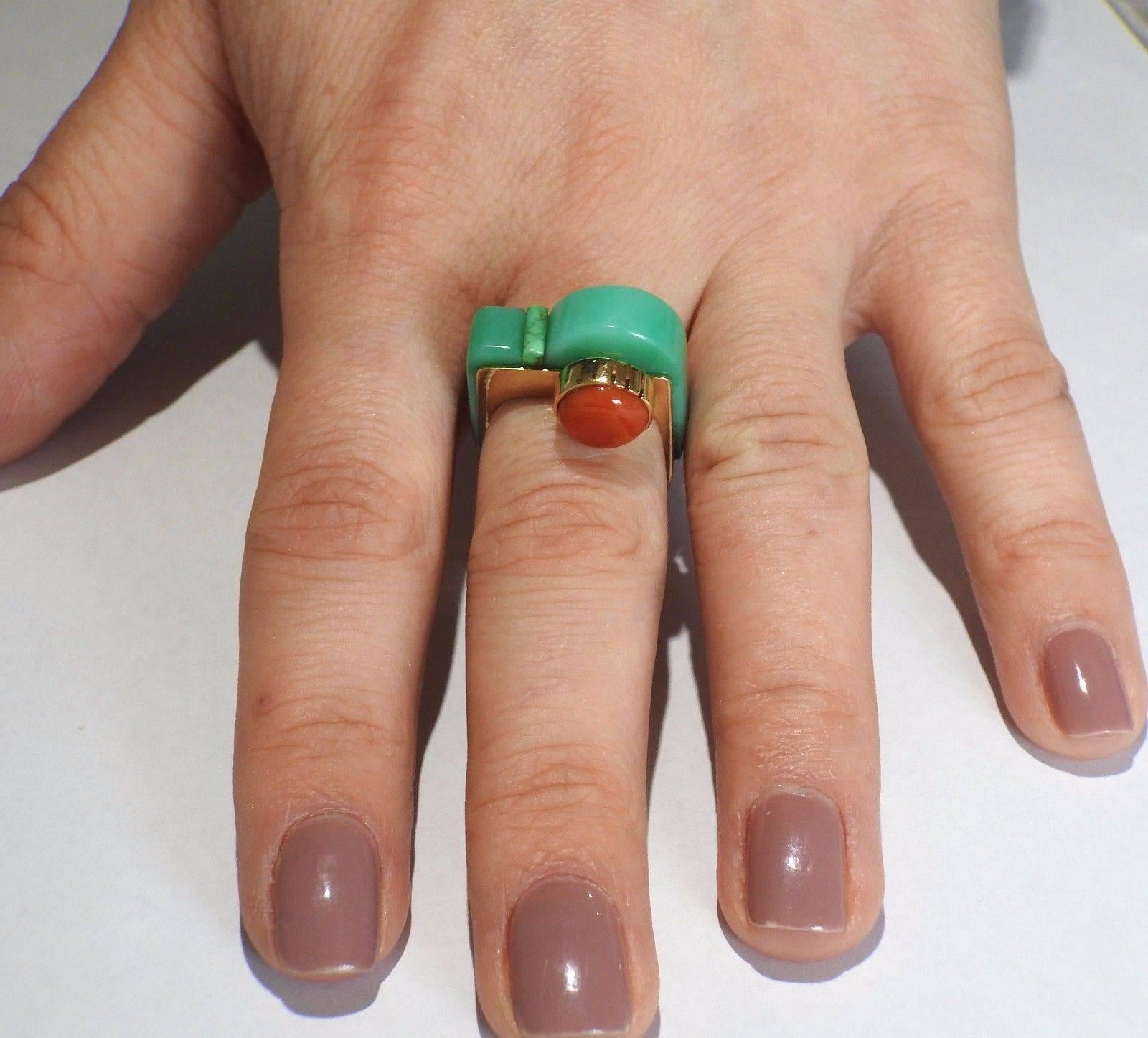 Richard Chavez Native American Navajo Jade Coral Gold Ring In Excellent Condition In Lambertville, NJ