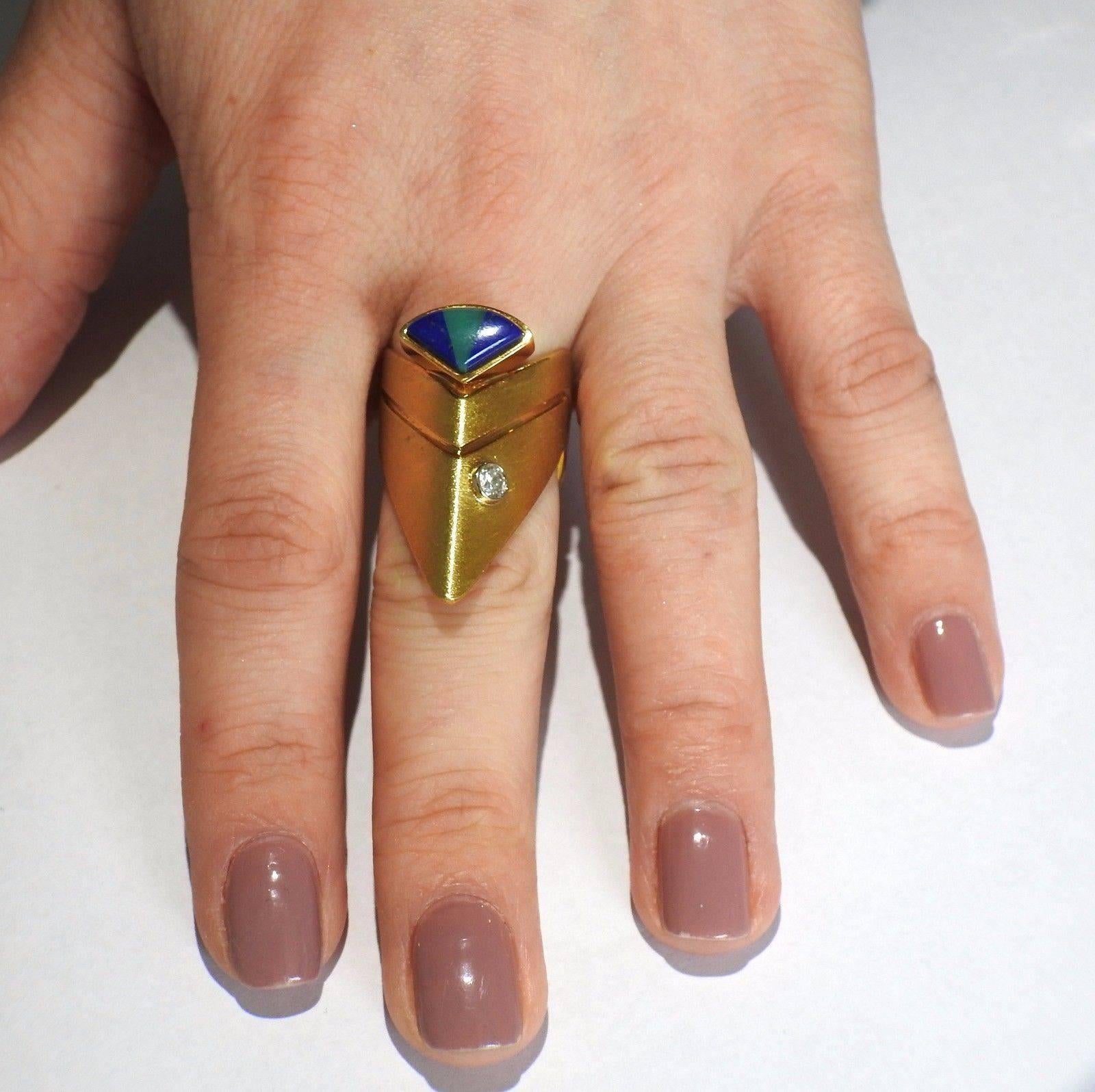 Large Unusual Jade Lapis Diamond Gold Ring 1