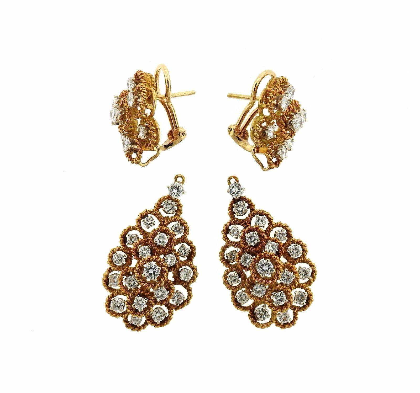 A pair of 18k yellow gold earrings set with approximately 4.00-4.20ctw of G/VS diamonds.  The earrings are 50mm long with drops, without drops - 19mm x 15mm.  The weight of the earrings is 24.1 grams.